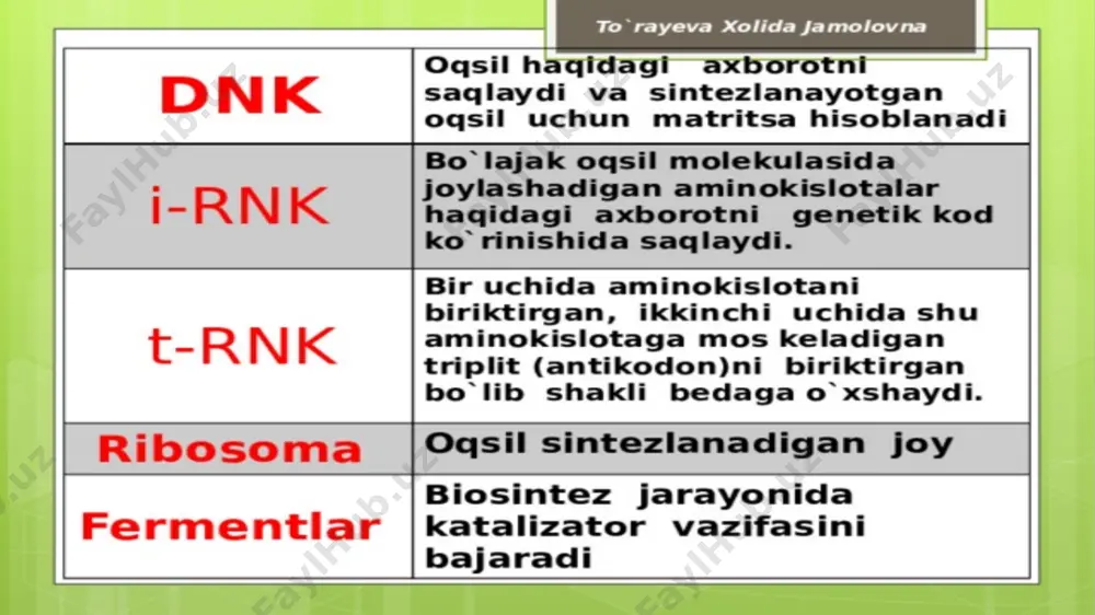 rda sintezlanadigan oqsillar geni zondini olishda qollanildi. masalan: miyelomalar produksiyasi gemoglobin va antitelolar. ma‟lum oqsil uchun kdnk zond olingandan keyin uni kup sondagi bakterial koloniyalarini tez skrininglash uchun nitrosellyulozali filtrlarda gibridizasiyalash usuli uchun kullash mumkin. bundan maksad boshqa rekombinant shunday yoki shuni uxtashash genli plazmidalarni aniqlash imkonini beradi. bu usullar yordamida ko’p har xil oqsillar uchun kdnk –zondlar olinib ularning har birini izlanayotgan genning toliq yoki qisman nusxasi ekanligi aniqlandi. bu savolini aniqlash usullaridan biri bu rnk-dnk geteroduplekslarning o’lchamini aniqlashdir. mrnk bilan geterodupleks hosil qiladigan kdnk klonlari keyin analiz qilinib, ularning nukleotidlar tartibi shu oqsilning aminokislotalar tartibiga mos kelishi tekshirildi. kutilgan kabi bunday mos kelish juda anik bolib yana shu narsa aniklandiki. kupchilik mrnkning 5’ uchlarida qo’shimcha nukleotidlar qatori mavjud ekan. ular oqsilning liderli segmentlarini kodlab, bu segmentlar sintez tugagandan keyin parchalanib ketadi va kupincha aniqlab bolmaydi. e’tiboringiz uchun rahmat! 30 image11.jpg image12.jpg image13.jpg image14.jpeg image15.jpeg image16.jpg image17.jpeg image18.jpeg image19.jpg …