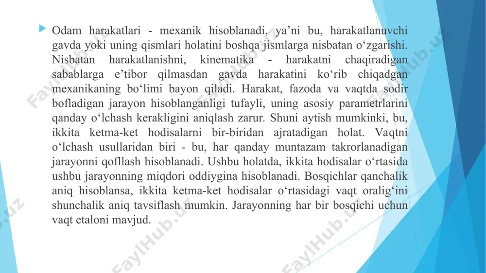 ng, m/s: murakkab harakatlar odam tanasi va gavdasi zvenolari ikkita: ilgarilanma va aylanma harakatlarda ishtirok etadi. ilgarilanma harakat deb, gavda ichidagi ixtiyoriy nuqtalar oraligbidan olib o‘tilgan har qanday bo‘lak, hisoblash jismiga nisbatan o‘zining orientirini yo‘qotmaydigan harakatga aytiladi. gavdaning barcha nuqtalari traektoriyalari bir-biriga parallel bo‘lgan chiziqlar hisoblanadi. aylanma harakat deb, gavda ichidagi nuqtalarning ayrim ko‘pchiligi hisoblash jismiga nisbatan harakatsiz bo‘lib qoladi va aylanish o‘qini hosil qiladi. gavdaning barcha qolgan nuqtalari o‘qqa nisbatan konsentrik aylanalar bo‘ylab bir xildagi burchak tezlanishi bilan harakatlanadi. aylanish chastotasi - bu, gerslarda (gs) o‘lchanadigan birlikka teng bo‘lgan vaqt bo‘lagiga joylashadigan to‘liq bosqichlar miqdori: vaqt parametrlaridan tashqari, aylanma harakat burchak va chiziqli parametrlar bilan ham tavsiflanadi. odam gavdasi harakatlarini vaqt ichidagi va fazodagi ifodalanishlari odam gavdasi nuqtalarining fazodagi koordinatalari berilsa, vaqtning har qanday momentida uni fazodagi holatini ifodalash mumkin. mashqni bajarish texnikasini o‘zlashtirish vaqtida gavda zvenolarini fazoda nisbatan joylashishi, ya’ni odamning pozasi ko‘pincha katta qiziqish uyg‘otadi. sportda poza, …