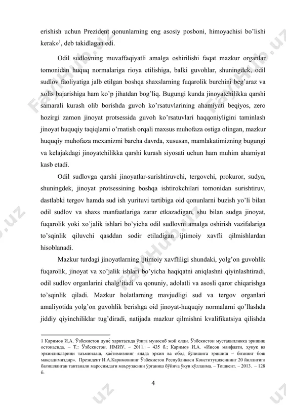 dan biri hisoblanadi. shu nuqtai nazardan qarag’anda, ushbu bitiruv-malakaviy ishi hozirgi kunning dolzarb masalalaridan bo’lgan sud-huquq islohotlarini amalga oshirish jarayonida odil sudlov manfaatlarini himoya qilishning jinoyat huquqiy va kriminologik masalalariga bag’ishlangan. muammoning o’rganilganlik darajasi. yolg’on guvohlik berishning ayrim jihatlari g’.abdumajidov[footnoteref:3], yu.karaketov, m.x.rustambaev, m.usmonaliev, z.h.g’ulomov, q.r.abdurasulova[footnoteref:4] va shuningdek, rossiya va boshqa mamlakatlarda i.s.vlasov, s.s.kuzmina[footnoteref:5], i.m.tyajkova, n.a.sartaeva kabi olimlarning asarlarida tadqiq qilingan. [3: абдумажидов ғ. право на судебную защиту интересов. имплементация норм международного права в законодательстве республики узбекистан. – т.: умэд. – 1999. – с.15-18. ] [4: абдурасулова қ.р. жиноятнинг махсус субъекти. ўқув қўлланма. – т.: тдюи. – 2005. – 124 б. ] [5: кузьмина с.с. лжесвидетельство: уголовно-правовые и уголовно-процессуальные проблемы. – спб., - 1995. – 64 с. ] mustaqillikka erishganimizdan keyin amaldagi jinoyat qonuni bo’yicha odil sudlovga qarshi jinoyatlarning jinoyat-huquqiy tavsifi z.x.gulyamov tomonidan doktorlik dissertatsiyasi va a.toshpo’latov tomonidan yolg’on guvohlikning jinoyat-huquqiy va kriminologik jihatlari nomzodlik dissertatsiyasi doirasida tadqiq qilingan. bitiruv malakaviy …