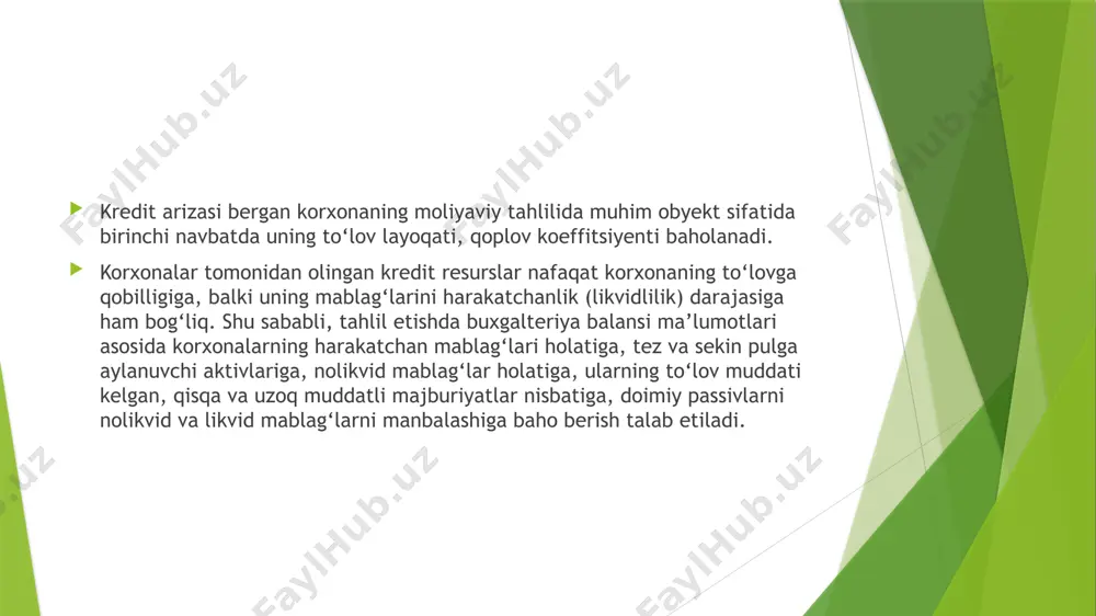 olati, to‘lovga qobilligi va moliyaviy barqarorligi xususiy va qarzga olingan mablag‘lardan samarali foydalanish holati debitorlik va kreditorlik majburiyatlar tarkibi, tuzilishi va nisbati kreditorlar oldidagi majburiyatlarni qoplash darajasi korxonaning foydaliligi pul mablag‘larining oqimi iqtisodiy nochorlikka tushmaslik xavf-xatarining darajasi texnik iqtisodiy asoslash, biznes reja korxonaning dong‘i, shuhrati korxonani rivojlantirish strategiyasi tashkiliy tuzilish sifati ta’minot sifati aktivlar sifati operatsion faoliyatning darajasi texnik qurollanish darajasi mahsulotlarni sotish bozorining divertsifikatsiyasi jalb qilinadigan mablag‘larga talabning asoslanishi kredit byurolari boshqa kreditlarning olinganligi boshqa kreditlardan foydalanganlik darajasi kredit tarixi boshqa banklar boshqa kreditlar boshqa kreditlardan foydalanganlik darajasi moliyaviy aktivlari tashkilotlar, raqobatchilar bozordagi obro‘si bozordagi ulushi raqobatdagi g‘ayratliligi tarmoqdagi o‘rni xaridorlar raqobatchilar o‘rtasidagi shuhrati sotish hajmi mahsulot sifati xaridorlarni kreditlash shartlari mol yetkazib beruvchilar kreditor obro‘si kreditlash shartlari mahsulot yetkazib berish hajmi qiyosiy o‘rni boshqa manbalar (reyting agentliklari, birja ma’lumotlari va.h.k.) makroiqtisodiy ma’lumotlar tarmoq bo‘yicha ma’lumotlar maxsus hisobotlar statistik manbalar kreditga layoqatlilikning tavsifi xo‘jalik yurituvchi subyektlarini rivojlanishida kredit munosabatlari …