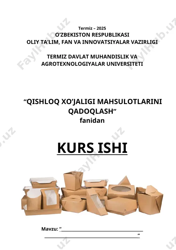 sini o’tkazuvchi va natijani baholovchilar: “yengil sanoat va oziq-ovqat texnologiyalari” kafedrasi a’zolari: ______________________________ kafedra mudiri safarov n.q. ______________________________ dotsent abdullayev i.e. ______________________________ katta o’qituvchi ishmuratov sh.s. ______________________________ katta o’qituvchi raxmonov e.а. ______________________________ o’qituvchi amonov n.m. 2-ilova termiz davlat muhandislik va agrotexnologiyalar universiteti kurs ishiga m u l o h a z a talaba: _________________________________________________________________ mavzu: ________________________________________________________________ 1. mavzuning dolzarbligini asoslash_________________________________________ ________________________________________________________________________________________________________________________________________________________________________________________________________________________________________________________________________ 2. qismlar bo’yicha bajarilgan ish tavsifnoma (ishning nazariy va amaliy ahamiyati, zamonaviy-ilmiy uslublardan foydalanganligi) ________________________________________________________________________________________________________________________________________________________________________________________________________________________________________________________________________________________________ 3. muallif ishga baho (mustaqilligi, intizomliligi va boshqalar) ________________________________________________________________________________________________________________________________________________________________________________________________________________________________________________________________________________________________ 4. umumiy xulosalar (ishning topshiriqga mos kelishi, talab darajasiga javob berishi, himoyaga qo’yilish imkoni) _____________________________________________________________________________________________________________________________