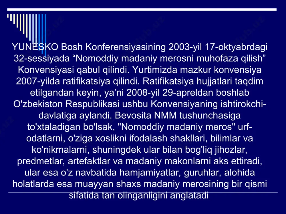 day qilib, nmm muhofazasi bugungi kunda mavjud bo‘lgan, uning yo‘qolib ketish xavflari bartaraf etilgan, keyingi avlod undan foydalanishi va bahramand bo‘lishi uchun sharoit yaratilgan, shuningdek insoniyatning barqaror taraqqiyotiga o‘z hissasini qo‘sha oladigan va jamiyat undan o‘z nafini ko‘radigan tadbirlarni ifodalashi lozim. “barqaror taraqqiyot” 1987 yilda brundtland komissiyasi tomonidan «hozirgi zamon talablariga javob beradigan, kelgusi avlodning shaxsiy ehtiyojlarini qondirishi uchun xavf tug‘dirmaydigan taraqqiyot” sifatida aniqlangan edi.