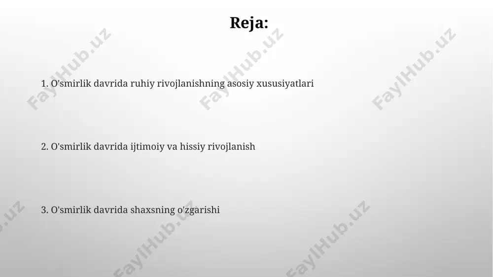 ongning shakllanishi o‘smirlik davrida o‘ziga xos bo‘lib, o‘z tanasini, jinsiy munosabatlarni va ijtimoiy normalarni anglash bilan bog‘liq bo‘lib, ko‘pincha 13-18 yosh oralig‘ida intensivlashadi. o‘smirlik davrida jinsiy etuklikka erishish taxminan 11-16 yosh oralig‘ida boshlanib, gormonal o‘zgarishlar, ikkilamchi jinsiy belgilarning rivojlanishi va reproduktiv funksiyaning shakllanishi bilan tavsiflanadi. o'smirlik davrida jismoniy rivojlanish oʻsmirlik davrida, uzun boʻyli oʻsish sur'ati kuchayib, oʻrtacha yiliga 8-10 sm ga yetishi mumkin, bu genetik va gormonal omillar bilan belgilanadi. oʻgʻil bolalarda esa 12-15 yosh oraligʻida spermarxe (birinchi sperma chiqarish) yuz beradi, bu esa testosteron darajasining keskin oshishi bilan bogʻliq. o'smirlik davrida ijtimoiy-emotsional rivojlanish o'smirlik davrida tengdoshlar guruhiga mansublik 70% gacha bo'lgan o'smirlar uchun juda muhim ahamiyat kasb etadi, bu ularning o'ziga xos identifikatsiyasi va o'z-o'zini hurmatini shakllantirishda hal qiluvchi rol o'ynaydi. o'smirlarning emotsional holati tez-tez o'zgarib turadi, kayfiyatning keskin o'zgarishi (affektiv labillik) kuzatiladi va bu gormonal o'zgarishlar va miya rivojlanishining o'ziga xos xususiyatlari bilan bog'liq. tengdoshlar guruhi va ijtimoiy …