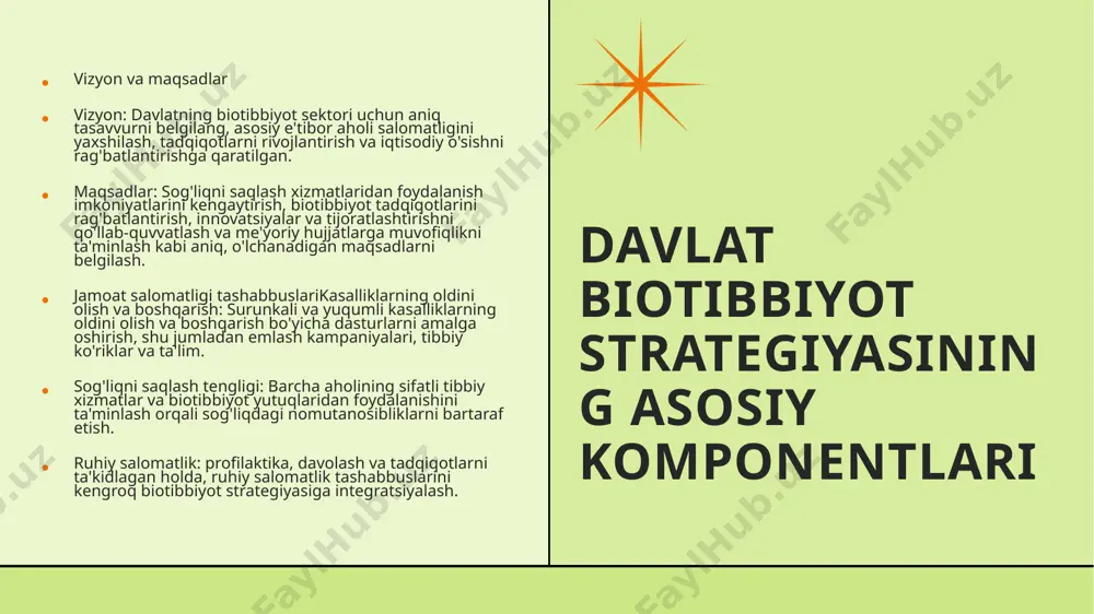 rategiyalarini ishlab chiqish va amalga oshirishga jalb qilish. barqarorlik va masshtablilikuzoq muddatli rejalashtirish: biotibbiyot tashabbuslarini davom ettirish va kengaytirish uchun uzoq muddatli rejalarni ishlab chiqish, ularning kelajakdagi muammolar va imkoniyatlarga moslashishini ta'minlash. atrof-muhitga ta'siri: biotibbiyot faoliyatining atrof-muhitga ta'sirini ko'rib chiqing va tadqiqot va sog'liqni saqlash sohasida barqaror amaliyotlarni amalga oshiring. amalga oshirish bosqichlari manfaatdor tomonlarning ishtiroki rejalashtirish va amalga oshirish jarayoniga asosiy manfaatdor tomonlarni, jumladan, davlat idoralari, tibbiyot xodimlari, tadqiqot muassasalari, sanoat vakillari va jamoat tashkilotlarini jalb qilish. siyosatni ishlab chiqish biotibbiyot strategiyasining maqsadlarini qo'llab-quvvatlaydigan siyosatlarni shakllantirish. bu qonunchilik, me'yoriy-huquqiy baza va moliyalashtirishni o'z ichiga olishi mumkin. resurslarni taqsimlash strategiya tashabbuslarini qoʻllab-quvvatlash uchun resurslarni, jumladan, moliyalashtirish, xodimlar va infratuzilmani taʼminlash va taqsimlash. monitoring va baholash taraqqiyotni kuzatish va biotibbiyot strategiyasining ta'sirini o'lchash uchun o'lchovlar va baholash asoslarini yarating. qaror qabul qilish va kerakli tuzatishlarni kiritish uchun ma'lumotlardan foydalaning. aloqa rejasistrategiya, uning tashabbuslari va taraqqiyoti haqida ma'lumotni manfaatdor tomonlar va jamoatchilikka …