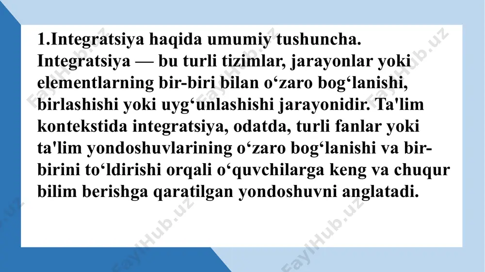 di, shuningdek, ta’lim jarayonining samaradorligini oshiradi. integratsiyalashgan darslar o‘quvchilarni faqat alohida fanlarda emas, balki turli fanlar o‘rtasidagi bog‘liqlikni ko‘rishga undaydi. integratsiyalashgan darslarni tashkil etishda asosiy yondoshuvlar: fanlararo integratsiya: bu yondoshuvda bir nechta fanlar birlashtiriladi va o‘quvchilarga o‘quv jarayonida bu fanlar o‘rtasidagi bog‘liqlikni tushunishga yordam beriladi. masalan, tabiatshunoslik va matematika fanlarini integratsiyalashgan darsda, o‘quvchilarga ekologik muammolarni hisoblash, o‘lchashlar va statistik tahlillar orqali tushuntirish mumkin. misol: agar o‘quvchilar o‘rmonlar va uning ekosistemalari haqida o‘rganayotgan bo‘lsa, ularni tabiatshunoslik fanida o‘rganilgan ma'lumotlarga tayangan holda, matematika fanidan foydalanib, o‘rmonlar ekologiyasini tahlil qilish va resurslarni hisoblashga jalb etish mumkin. mavzulararo integratsiya: bu usulda o‘quvchilar biror mavzu yoki g‘oya asosida turli fanlardan bilim olishadi. masalan, san’at va tabiatshunoslik mavzularini integratsiyalashgan darsda, o‘quvchilar o‘rmonlarni o‘rganish jarayonida tabiat va san'atni birlashtirgan holda o‘quv materiallarini yaratadilar. misol: o‘quvchilar tabiatshunoslik fanidan o‘rmonlarning ahamiyati haqida bilib, keyinchalik san’at darsida o‘rmonlar mavzusida rasm chizish yoki eskizlar yaratishlari mumkin. kross-dissiplinar integratsiya (cross-curricular integration): bunda, …
