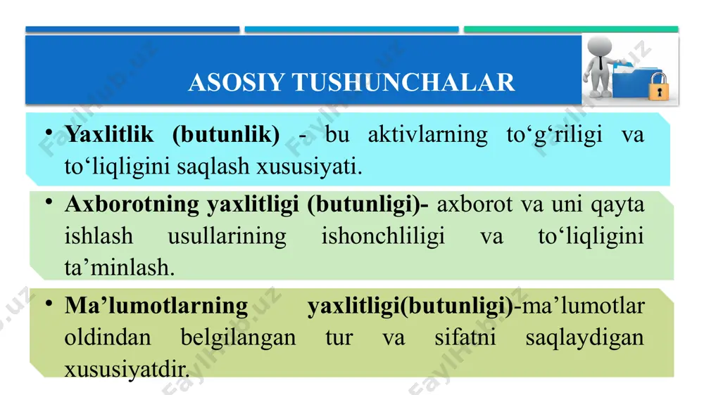 slikni kafolatlash maqsad qilinadi. buni amalga oshirish uchun balki xesh qiymatni simmetrik kalitli shifrlar asosida shifrlash zarurdir (ya’ni, e(h(m),k)). biroq, buni amalga oshirishning soddaroq usuli - xeshlangan mac (hashed mac yoki hmac) usuli mavjud. bu usulga ko‘ra, xesh qiymatni shifrlashning o‘rniga, xesh qiymatni hisoblash jarayonida kalitni bevosita ma’lumotga biriktirish amalga oshiriladi. hmac tizimida kalitlar qanday biriktiriladi? umumiy holda ikki usul: kalitni matnni oldidan qo‘yish (h(k,m)) yoki kalitni matndan keyin qo‘yish (h(m,k)) mavjud bo‘lsada, ularning har ikkalasida jiddiy xavfsizlik muammosi mavjud. xesh - funksiyalar asosida ma’lumot yaxlitligini tekshirish. hmac tizimida kalit ma’lumotga quyidagicha biriktiriladi. dastlab xesh funksiyadagi blokning uzunligi baytlarda aniqlanadi. masalan. md5 xesh funksiyasida blok uzunligi b = 64 baytga teng bo‘lsin. olingan kalit (k) uzunligi ham blok uzunligiga keltiriladi. bunda 3 ta holat bo‘lishi mumkin: (1) agar kalitning uzunligi 64 baytga teng bo‘lsa, hech qanday o‘zgarish amalga oshirilmaydi, (2) agar kalitning uzunligi 64 dan kichik bo‘lsa, u holda yetmagan …