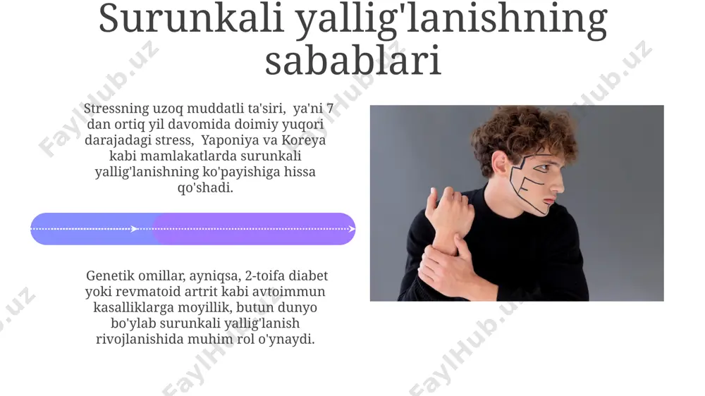 oshiradi. sales 1st qtr 2nd qtr 100 0 sales 1st qtr 2nd qtr 100 0 surunkali yallig'lanishning oldini olish jismoniy faollik surunkali yallig'lanishning oldini olishda muhim rol o'ynaydi. haftada kamida 150 daqiqa, masalan, velosipedda yurish yoki yugurish kabi mashqlar, ko'plab kasalliklar xavfini, jumladan, aqshda keng tarqalgan yurak-qon tomir kasalliklarini kamaytiradi. chekishni tashlash, ayniqsa, 35 yoshdan oshgan shaxslar uchun muhimdir, chunki chekish butun dunyo bo'ylab 7 million o'limning sababidir va yallig'lanish jarayonlarini sezilarli darajada kuchaytiradi. tadqiqotlar va kelajak istiqbollari yaponiya olimlari tomonidan o'tkazilgan keng ko'lamli tadqiqotlar (2000 dan ortiq ishtirokchi) surunkali yallig'lanishni davolashda yangi immunomodulyatorlarning samaradorligini 30% ga oshirish mumkinligini ko'rsatdi. evropada o'tkazilgan klinik sinovlar natijalariga ko'ra, yangi turdagi biotexnologik preparatlar surunkali yallig'lanish alomatlarini 75% ga kamaytirishga yordam beradi. surunkali yallig'lanishning asoratlari surunkali yallig'lanish yurak-qon tomir kasalliklari xavfini 2-3 baravar oshirishi mumkin, bu esa dunyo bo'ylab, xususan, aqsh va yevropa mamlakatlarida yillik o'lim holatlarining ko'payishiga olib keladi. braziliya tadqiqotlari shuni ko'rsatdiki, …
