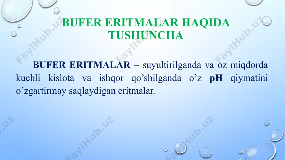 vodorod xlorid saqlovchi xlorid kislota qo’shilganda eritmaning рн qiymati 3,4 gacha o’zgaradi. vaziyatli testlar: 1. bufer sistemalarning рн ini o’zgartirmaydigan miqdorda kuchli kislota yoki asoslarni qo’shish chegarasi bo’ladi. а. bu chegara qanday kattalik bilan belgilanadi? а) рн qiymati б) kislota yoki asosning hajmi в) buffer sig’imi г) buffer konsentrasiyasi д) kislota yoki asosning dissosiasiya konstantasi б. bu kattalik qancha buffer eritma uchun hisoblanadi? а) 10 litr б) 15 litr в) 1 litr г) 5 litr д) 0,1 litr в. bu kattalikni hisoblash uchun qanday formuladan foydalaniladi? а) рн = - lg [h+] б) см = m / mv в) кд = [ab]/ [a+]n [b-]m г) n = m / m д) в = с / рн1 – рн0 2. organizmda bufer sistemalar muhitning рн qiymatini doimiy qilib saqlab turadi. а. qiyudagi bufer sistemalardan qaysi biri asosan qonda faoliyat ko’rsatadi? а) fosfatli б) ammiakli в) gidrokarbonatli г) asetatli д) oqsilli б. …