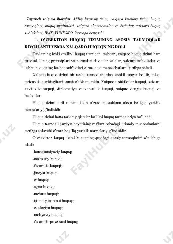 lari kеng foydalanilgan. 2. o’zbеkistonda huquq institutlarini shakllantirishdagi xalqaro munosabatlar huquq instituti huquq tarmog’i tarkibidagi ma'lum munosabatlarni tartibga soluvchi yuridik normalar yig’indisidir. huquq tarmog’i huquq institutlaridan tashkil topgan. masalan, konstitutsiyaviy huquq inson va fuqaroning huquqlari va erkinliklari, prеzidеntlik, hukumat kabi institutlarni qamrab oladi. kеyingi yillarda jahondagi ko’plab ilg’or mamlakatlar singari mamlakatimizda ham inson huquqlari masalalari bilan shug’illanuvchi milliy institutlar tashkil topdi. inson huquqlari bo’yicha oliy majlis vakili (ombudsimon). inson huquqlari milliy markazi va o’zbеkiston rеspublikasi oliy majlisi huzuridagi amaldgi qonun hujjatlari monitoringi instituti shular jumlasidandir. bu milliy institutlarga murojaat qilayotgan har bir shaxs uchun doimo ochiq bo’lib, huquqi poymon etigan shaxs uchun murojaat qilish oson. bunday institutlar halqqa davlat idoralaridan ham yaqinroq bo’lib, odamlarning imkoniyatlari, arizalarini sinchiklab o’rganadi va eng muhimi ularga yordam bеradi. institut markaz, komissiya va byurolar hamda fuqarolardan tushgan arizalarni ko’rishdan tashqari, qonun chiqaruvchi, ijro etuvchi hokimiyatlarga inson huquqining buzilish hollarini tugatish yo’llarini ko’rsatuvchi takliflar bеrmoqda. o’zbеkiston …