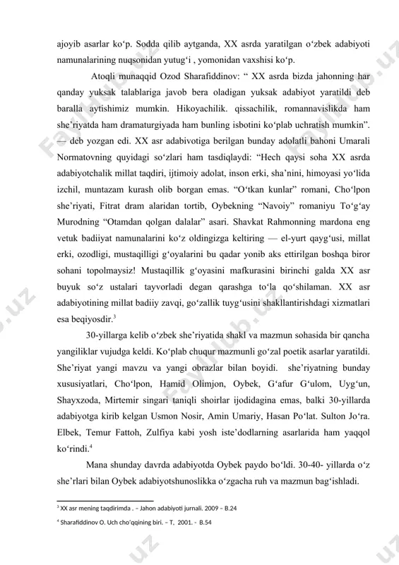 t. kurs ishining vazifalari: - shoir she’rlari va asarlarining tahlili orqali falsafiy intellektual lirikaning oʻziga xos tomonlarini oʻrganish; - oybek asarlari va she’rlariyatining fikr va tuygʻu munosabati, hayot va inson muammosi talqinini ochib berish; - shoir lirikasidagi ijtimoiy-ruhiy hayotning badiiy-falsafiy talqinini ochib berish, shoirning turli davrlarda yaratilgan she’rlaridagi davr muammolarining lirik qahramonlari ruhiyatidagi ifodasi talqinini yoritish; - oybek ijodida adabiy an’analarga munosabat, ijodkor dunyoqarashi va salohiyati bilan bogʻliq masalalar, ijoddagi badiiy mukammallikni ochib berish. kurs ishining predmeti. oybek she’rlaridagi falsafiy teranlik va badiiy mukammallik masalalarini oʻrganish tashkil etadi. kurs ishining ob’yektini: oybek she’rlari, dostonlari, va turli janrdagi asarlari tashkil etadi. kurs ishining tadqioqt usullari: biografik, adabiyotlar bilan ishlash, qiyosiy-tarixiy, tahliliy metodlaridan foydalanildi. 1. oybek hayoti va ijodi orasidagi bogʻliqlik va asarlarga koʻchgan badiiy mukammallik oybek adabiyotshunoslikka , xususan, she’riyatga hayotida roʻy berayotgan rang-barang voqealar va hissiyotlarni koʻchirdi. oybek adabiy faoliyatini shoir sifatida boshlagan. „cholgʻu tovushi“ degan birinchi sheʼri 1922-yil “ …