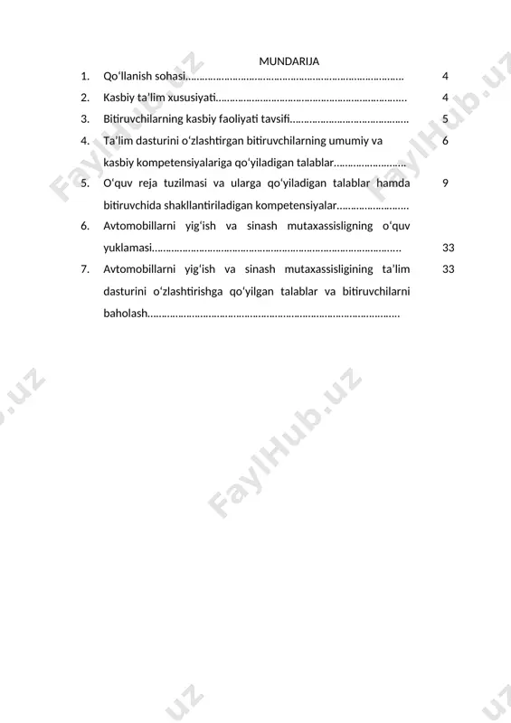 iladi va mazkur kvalifikatsiyani muvaffaqiyatli o‘zlashtirganlarga belgilangan tartibda sertifikat beriladi. 2.2. ruhiy-fiziologik fazilatlar minimumi: kuzatuvchanlik, diqqatni bir joy qaratish, fikrni jamlash, qo‘l-oyoq harakatini jarayonga moslashtirish, har tomonlama tez fikrlash va faraz qilish, yorug‘likni sezish, faol va tez xotirlash, harakat xotirasi va moslashuvchanlik. 2.3. ta’limni davom ettirish imkoniyatlari. avtomobillarni yig‘ish va sinash bo‘yicha texnik mutaxassisligi bitiruvchisi keyinchalik kasbiy ta’limini chuqurlashtirish maqsadida: kadrlar malakasini oshirish tizimida, tarmoq o‘quv muassasalarida va maxsus kurslarida malakani oshirishi; kasbiy faoliyatning tegishli sohasida yanada yuqoriroq malakaga erish maqsadida oliy ta’lim muassasasida o‘qishni davom ettirishi mumkin. 2.4. o‘qishga qabul shartlari. o‘qishga qabul shartlari amaldagi qonunchilik asosida amalga oshiriladi. 3. bitiruvchilarning kasbiy faoliyati tavsifi 3.1. bitiruvchining kasbiy faoliyat sohasi: avtombillarni turli jihoz va asbob-uskunalar yordamida dvigatel, qism, uzel va agregatlarini qismlarga ajratish, yig‘ish va sinash ishlarini mehnat muhofazasi va texnika xavfsizligi qoidalariga amal qilgan holda bajarish. 3.1. bitiruvchining kasbiy faoliyat ob’ektlari: 3.1.1. avtomobillarni yig‘ish va sinash bo‘yicha texnik kvalifikatsiyasi …
