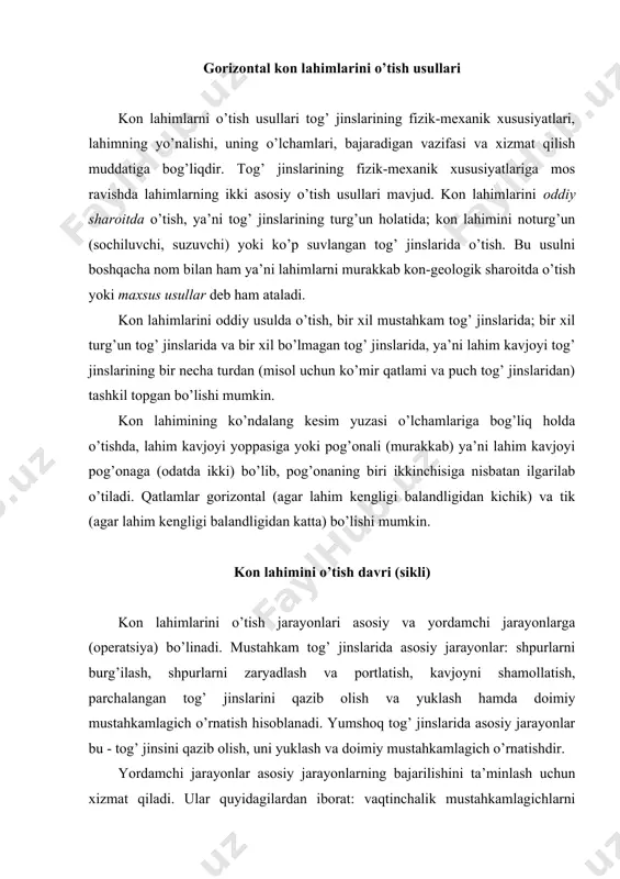 tog’ jinslarida asosiy jarayonlar bu - tog’ jinsini qazib olish, uni yuklash va doimiy mustahkamlagich o’rnatishdir. yordamchi jarayonlar asosiy jarayonlarning bajarilishini ta’minlash uchun xizmat qiladi. ular quyidagilardan iborat: vaqtinchalik mustahkamlagichlarni o’rnatish, kabel va quvurlarni o’zaytirish, relsli yo’lni yotqizish, suvni chetlashtiruvchi ariqchalarni barpo etish va boshqalar. o’tish sikli bu - lahim kavjoyi ma’lum vaqt birligida bir xil o’lchamga siljiydigan, takrorlanuvchi jarayonlar va operatsiyalar majmuidir. o’tish davri davomiyligi lahim turi, lahim o’tilgan tog’ jinslari xususiyati, o’tish ishining tashkil qilinganligi, qo’llanilayotgan jihozlarga bog’liq ravishda smena davomiyligiga bir necha karra holda bo’ladi. o’tish ishlarining aniq, bexato tashkil qilinishi va kompleks mexanizatsiyalanishi lahim o’tish davrining qisqartirilishiga va lahim barpo etish tezligining oshishiga olib keladi. o’tish ishlarining asosiy amallarini vaqt mobaynida reja asosida almashtiradigan davr grafigi yordamida lahimni barpo etish ishlari olib boriladi. yordamchi amallar lahim o’tish asosiy amallari bilan parallel ravishda, bir vaqt mobaynida bajariladi, shuning uchun o’tish davri davomiyligiga ta’sir qilmaydi. gorizontal va qiya …