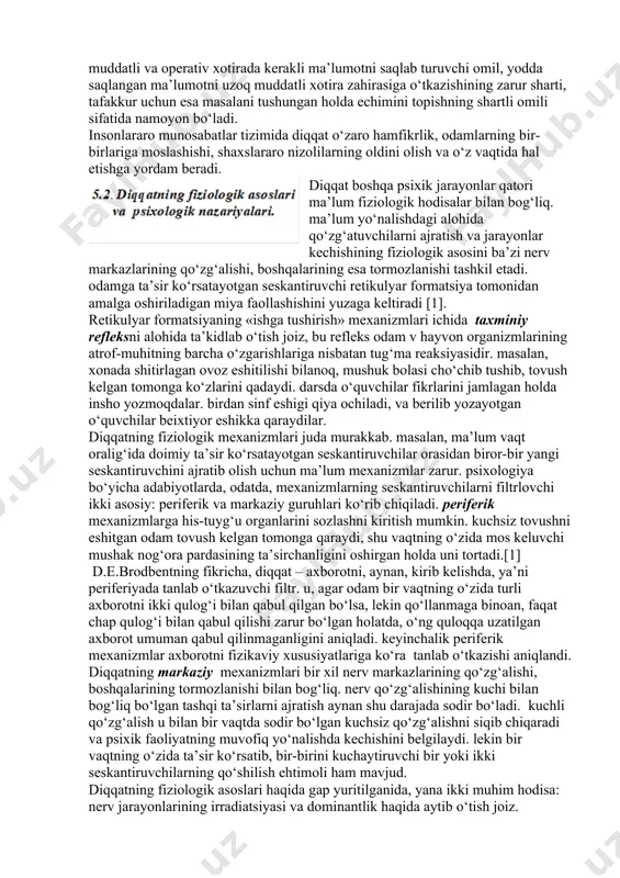 a – mashg‘ulotda chuqurlashish bilan bog‘liq. diqqatning inson psixik faoliyatida tutgan o‘rnini tushunish uchun o‘zingizni biror-bir jismlar guruhiga qarayotgandek tasavvur qiling. ko‘rish maydoningizning markazida joylashgan ba’zi bir jismlar aniqroq, ko‘rish maydoningizning chetida turganlari esa aksincha idrok etiladi. shunga o‘xshash hodisani ongimizga nisbatan ham tuzish mumkin: faoliyatimiz mohiyati ongimizning markazini egallagan bo‘ladi; ahamiyatga molik bo‘lmaganlari esa ongimizdan chetga surilib qoladi. lekin boshqacha ham bo‘lishi mumkin: siz qandaydir jismga qaragan holda, umuman, boshqa narsa haqida o‘y surasiz. bunda ongingizning «markaziy maydoni» ko‘rayotganingiz bilan emas, o‘ylayotganingiz bilan band bo‘ladi. ongimizni grafik tarzda tasvirlaydigan bo‘lsak, biri ikkinchisiga joylashgan ikki aylana ko‘rinishida chizish zarur. katta aylana aniq bo‘lmagan ong, kichik aylana esa, – aniq ong yoki diqqat deb ataladi.[2] psixik bilish jarayonlarining yo‘nalganligi va tanlash xususiyati diqqat bilan bog‘liq. diqqat bilan idrokning aniqligi va izchilligi, xotiraning mustahkamligi va tanlash xususiyati, aqliy faoliyatning yo‘nalganligi va samaradorligi, qisqasi, umuman bilish faolligining sifati va natijalari aniqlanadi. perseptiv jarayonlar …
