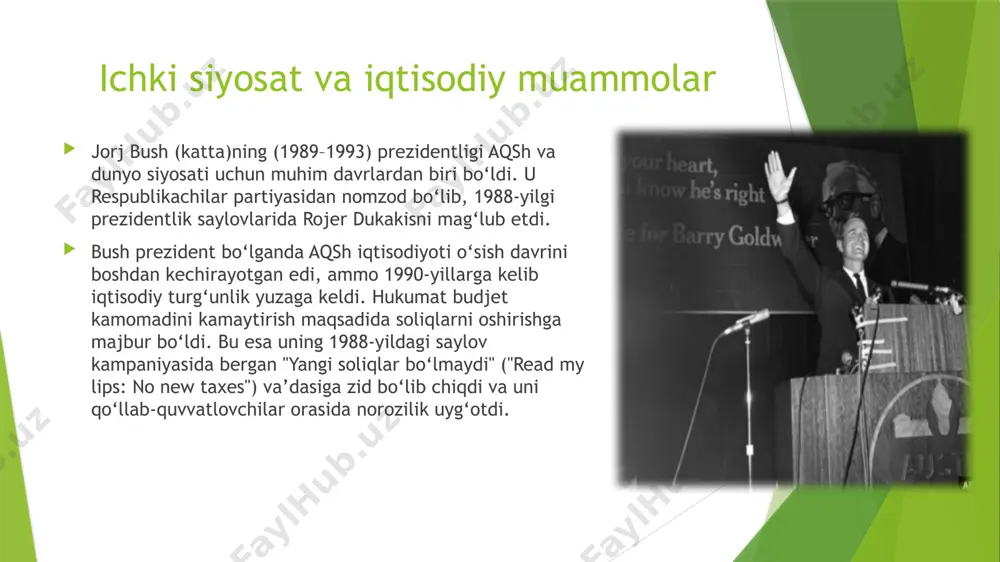 intizomga urg‘u berdi: byudjet defitsitini kamaytirish, davlat qarzini nazorat qilish va iqtisodiy o‘sishni kuchaytirish. 1993-yilda byudjetni umumiy muvofiqlashtirish to‘g‘risidagi qonun(omnibus budget reconciliation act) qabul qilindi – bu qonun soliqni oshirish va xarajatlarni qisqartirish orqali byudjet taqchilligini kamaytirdi. natijada, aqsh 1998-yildan boshlab byudjet ortig‘i (surplus) bilan ishlay boshladi – bu 30 yillik tarixda birinchi marta ro‘y berdi. velfare (ijtimoiy yordam) islohoti – 1996 "ijtimoiy yordam tizimini isloh qilish va fuqarolarning o‘zini o‘zi ta’minlash mas'uliyatini oshirish qonuni" (personal responsibility and work opportunity act) – klinton tomonidan imzolangan muhim qonunlardan biri. maqsad: odamlarni uzoq muddatli ijtimoiy yordamdan mehnat bozoriga olib chiqish. bu islohotga ko‘ra: har bir fuqaro ijtimoiy yordamni faqat cheklangan muddat (masalan, 5 yil) olishi mumkin. yordam oluvchilar ish qidirishga yoki ishlashga majbur bo‘ldi. bu islohot katta bahs-munozaralarga sabab bo‘ldi: tarafdorlar uni javobgarlikni oshirdi, desa, tanqidchilar kambag‘allikka qarshi kurashni zaiflashtirdi, deydi. sog‘liqni saqlash islohoti (1993–1994) klinton rafiqasi xillari klinton rahbarligida sog‘liqni saqlash …