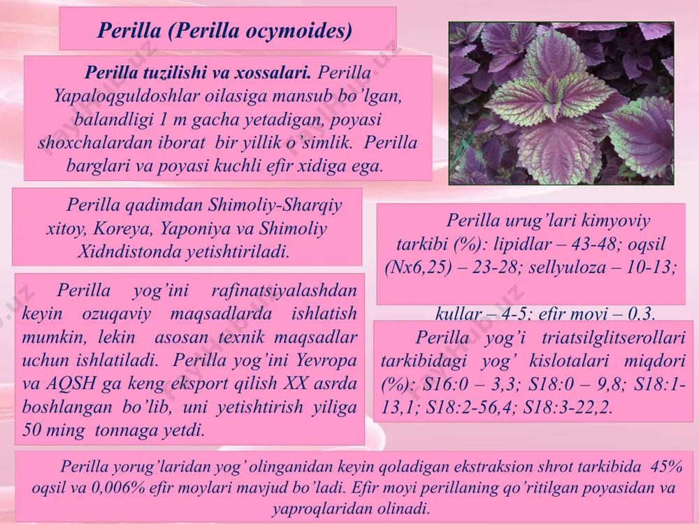 dan 35% miqdorini tashkil qiladi. katalpa yog’ining 20 s xaroratdagi zichligi - 0,939-0,940 kg/m3; 20os xaroratdagi sindirish ko’rsatkichi – 1,4935-1,5021; qotish xarorati 27 s. keshyu yong’og’i keshyu tuzilishi va xossalari – brazilya, meksika, peru, markaziy amerika va xindistonda o’sadigan sumaxasimonlar (anacardium occidentale) oilasiga mansub doimiy yashil daraxtning mevalari. daraxtning balandligi 6-10 m gacha, tanasi yug’on, sershox, zich barglar bilan qoplangan. mevalari yilning turli vaqtlarida yetiladi, shuning uchun daraxtda bir vaqtning o’zida yetilgan mevalar va gullar bo‘lishi mumkin. keshyu yong’oqlari yog’i och-sariq rangda, yuqori ta’m xossalariga ega. yog’ning triatsilglitserollari tarkibidagi yog’ kislotalari miqdori (%): s16:0 – 4,7-17,3; s18:0 – 1,5-11,2; s18:1-68,2-80,4; s18:2-0-21,7; s20:3-0,5 gacha. keshyu yog’ining 15 s xaroratdagi zichligi - 0,918-0,923 kg/m3; 20 s xaroratdagi sindirish ko’rsatkichi – 1,463-1,467. keshyu daraxtining kimmatli maxsuloti yong’oqning puchog’i hisoblanadi. undan anamlik ta’siriga chidamli laklar va suv osti o’tkazgichlari uchun qoplama tarkiblari uchun ishlatiladigan kaju yog’i (puchoq massasining 36%) olinadi. karite yoki shi (butyrospermum …