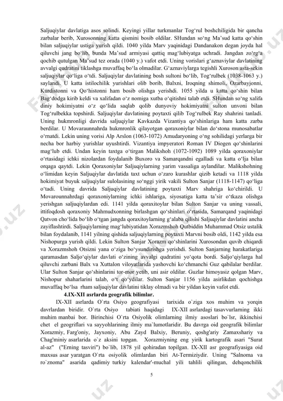 iga mansub bo’lgan. bu davlat hukmdorlari «arslonxon» yoki «qoraxon» unvonlari bilan ulug'langan. qoraxon so’zining lug’aviy ma’nosi esa turkiy qabilalarda «ulug’», «buyuk» degan tushunchalarni anglatgan. qoraxon «tamg’achxon» ham deb yuritilgan. bu davlatning qudrati yuksalib, u tez orada katta hududlarni o’z qo’l ostiga kirita boradi. uning poytaxti sharqiy turkistonning bolasog’un shahri bo’lgan. abdulkarim bug’roxon vafotidan keyin (955) uning vorislari davrida markaziy tyan-shan va yettisuv o’lkalari egallanadi. endilikda qoraxoniylar somoniylar hukmronlik qilayotgan movarounnahr yerlarini ham butunlay egallashga kirishadilar. bu davrda somoniylar davlati chuqur ichki ziddiyatlar, sinfiy ixtiloflar orqasida tanglik holatiga tushib qolgan edi. bundan foydalangan qoraxoniylar hukmdorlari - hasan va nasr bug’roxonlar etakchiligidagi qo’shin somoniylar qarshiligini qiyinchiliksiz yengib, ikki bor (992 va 999-yillarda) buxoroni egallaydi, somoniylar sulolasining so’nggi vakili ismoil al-muntasir (1000-1005) hukmronligi barham topdi. oqibatda butun movarounnahr hududlari qoraxoniylar tasarrufiga o’tadi. shu tariqa, qoraxoniylar hukmronligi katta hududlarga yoyiladi. xi asr o’rtalariga kelib qoraxoniylar hokimiyati 2 ga bo’linib ketdi: markazi samarqand bo’lgan, movarounnahrning …