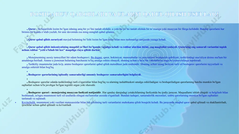tiv usul. buning uchun avval jarayon qatnashchisi bo‘lgan shaxslar ishtirokini aniqlash lozim. ko‘pincha bu vaqtinchalik kollektiv bo‘lib uning tarkibiga boshqaruvchi va boshqariluvchilar kiradi. bunday guruh shakllanishidagi asosiy mezonlar: vakolatlilik, tashabbuskor masalalarni yecha olish qobiliyati, moslashuvchanlik va fikrlashning nazariy mulohazasi kiradi. kollektiv shaklda guruhiy ishlar turlicha bo‘lishi mumkin: majlis, suhbat, komissiyaga ish va boshqalar. boshqaruv qarorini tayyorlashdagi eng ko‘p tarqalgan kollektiv usullarga: «aqliy hujum», «delfi usuli», «kingisyo» — yapon doiraviy qaror qabul qilish tizimi. miqdoriy qaror qabul qilish usuli. uning asosi- ilmiy-tajribali yondashuv, bunda katta sig‘imdagi axborotni (ehm yordamida) qayta ishlash yo‘li bilan optimal qarorni tanlash tushuniladi. model asosida qo‘llanilgan matematik funksiyalar turiga qarab ular quyidagicha farqlanadi: chiziqli modellashtirish — bunda chiziqli bog‘liqlik qo‘llaniladi; dinamik programmalashtirish — bu masalada qaror qabulqilish jarayoni qo‘shimcha o‘zgarishlarni kiritish imkonini beradi; ehtimollik va statistik usullar — umumiy xizmat qilish nazariyasi usulida amalga oshiriladi; o‘yin nazariyasi — bu holatda modellashtirishda, qaror qabul qilish turli bo‘g‘inlarni, qiziqishlarni …