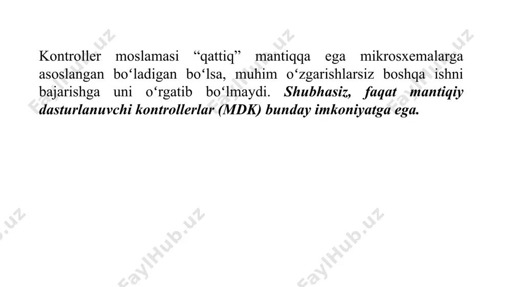 i kirish-chiqish signallarini boshqarish hmi (human-machine interface) — bu foydalanuvchi bilan dasturlashtiriladigan kontroller (plc) o‘rtasidagi vizual interfeys hisoblanadi. hmi operatorga tizim holatini kuzatish, parametrlarni o‘zgartirish va boshqaruv harakatlarini amalga oshirish imkonini beradi. hmi ning asosiy vazifalari: plc'dan olingan kirish/chiqish signallarini real vaqtda aks ettirish tugmalar, slayderlar yoki matn oynalari orqali foydalanuvchi tomonidan signal yuborish jarayonlarni grafik interfeysda ko‘rsatish xatoliklarni ko‘rsatish va signalizatsiya tizimini boshqarish image1.jpeg image2.png image3.png image12.png image13.jpeg image14.png image15.png image16.jpeg image17.png image18.png image4.emf image5.jpeg image6.png image7.png image8.png image9.jpeg image10.png image11.jpeg image19.png image20.jpeg image21.png image22.png image23.png image24.jpeg new_plc_image_060117.1348 /docprops/thumbnail.jpeg
