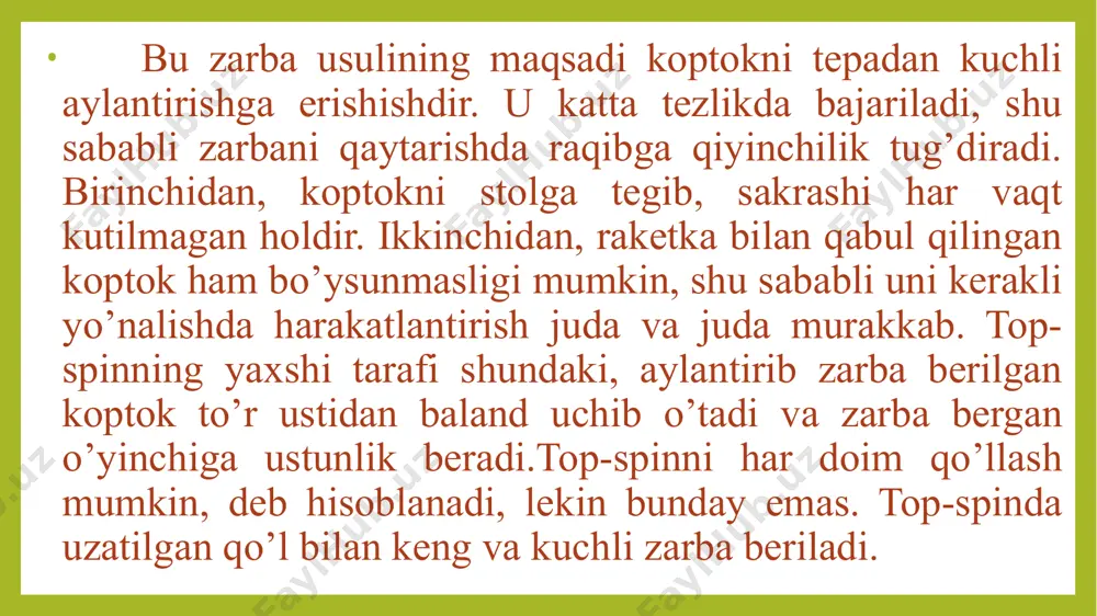 dam beradi. birinchi bo’lib koptok uzatayotgan o’yinchi koptok uzatish usulini yaxshi egallagan bo’lishi kerak - koptokni shunday uzatish kerakki, uzun zarbalar mo’ljalga yetsin va koptok stoldan tashqariga chiqib ketmasin, kalta zarbalar esa past trayektoriyada o’tib, to’rga tegmasin. koptok turli aylanish va turli tezlikda uchishi kerak. shundagina raqib zarbasini qaytarishga sharoit yaratiladi. juftliklar musobaqalarida birinchi bo’lib koptok uzatayotgan o’yinchi harakatlarini jufti bilan kelishib amalga oshirishi kerak, aks holda raqib zarbasini qaytarishda yuqori natijalarga erishib bo’lmaydi. raketkani ushlash raketkani gorizontal ushlash deganda uni uch barmoq – o’rta, nomsiz va jimjiloq bilan ushlash tushuniladi, ko’rsatkich barmoq raketka chetida cho’zilgan, katta barmoq esa raketkaning orqa tarafidan o’rta barmoqqa tegib turadi. bu usul raketkaning ikkala tarafi bilan ham o’ynash mumkinligi bilan qulaydir. bu usul turli zarbalar berish va ularni ham o’ngdan, ham chapdan qaytarishda yaxshi samara beradi. o’rgatish uslubi raketkaga qo’l o’rganishi uchun turli mashqlar bajarish mumkin. ularni mustaqil yoki sport zalida, uyda, ko’chada bajarish …