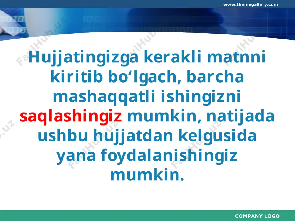 y nom bilan saqlash company logo www.themegallery.com hujjatingizni nomlayotganingizda quyidagi koʻrsatmalarga amal qiling fayl nomi juda uzun boʻlmasin; u hujjatda nima borligini ko‘rsatib tursin; fayl nomida boʻsh joy boʻlmasin; boʻsh joy oʻrniga pastki chiziqdan foydalaning. company logo www.themegallery.com fayl nomida boʻsh joy boʻlishi ayrim dasturlar uchun fayl nomini oʻqishda qiyinchilik tugʻdiradi, shu sababli undan foydalanmasligingiz tavsiya etiladi. boʻsh joy oʻrniga pastki chiziqdan foydalanishingiz mumkin. bu kichik chiziq boʻlib, uni har bir soʻz orasiga yozish mumkin, masalan, “mening_xatim.docx”. pastki chiziq belgisi klaviaturada joylashgan. company logo www.themegallery.com quyidagi nomlardan qaysi biri fayl uchun mos deb o‘ylaysiz? nima uchun? xat doʻstimgaxat mqi_haqida_xat matnniqaytaishlash haqidagidoʻstigma yozganxatim company logo www.themegallery.com e’tiboringiz uchun rahmat! logo company logo www.themegallery.com image2.jpeg image3.png image4.png image5.png image6.png image7.png image8.png image9.emf image10.png image11.png image12.jpeg image1.png /docprops/thumbnail.jpeg