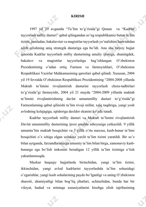 vlodning kelajagiga, iqtidoriga daxldor ekanini ko’zda tutadi. kadrlar tayyorlash milliy dasturi va maktab ta’limini rivojlantirish davlat umummilliy dasturining ijrosi amalda nihoyasiga yetkazildi. 9 yillik umumta’lim maktab bosqichini va 3 yillik o’rta maxsus, kasb-hunar ta’limi bosqichini o’z ichiga olgan uzluksiz yaxlit ta’lim tizimi yaratildi. bir so’z bilan aytganda, farzandlarimizga umumiy ta’lim bilan birga, zamonaviy kasb-hunarga ega bo’lish imkonini beradigan 12 yillik ta’lim tizimiga o’tish yakunlanmoqda. mazkur huquqiy hujjatlarda birinchidan, yangi ta’lim tizimi, ikkinchidan, yangi avlod kadrlarini tayyorlashda ta’lim sohasidagi o’zgarishlar, yangi kasb sohalarining paydo bo’lganligi va uning o’zbekiston sharoiti, ahamiyatligi bilan bog’liq jihatlari, uchinchidan, bunda har bir viloyat, hudud va mintaqa xususiyatlarini hisobga olish tajribasining afzalliklari, to’rtinchidan, mamlakatimiz oliy ta’lim sohasidagi 71 ta muassasa tayyorlab beradigan yangi avlod kadrlari, ularning umumiy va o’ziga xos jihatlariga e’tibor qaratildi. o’zbekiston respublikasi prezidentining 2008 yil 29 fevralda “yoshlar yili” davlat dasturi to’g’risidagi qarori e’lon qilindi. qarorda “yoshlar yili”da bajarilishi lozim bo’lgan asosiy va muhim …