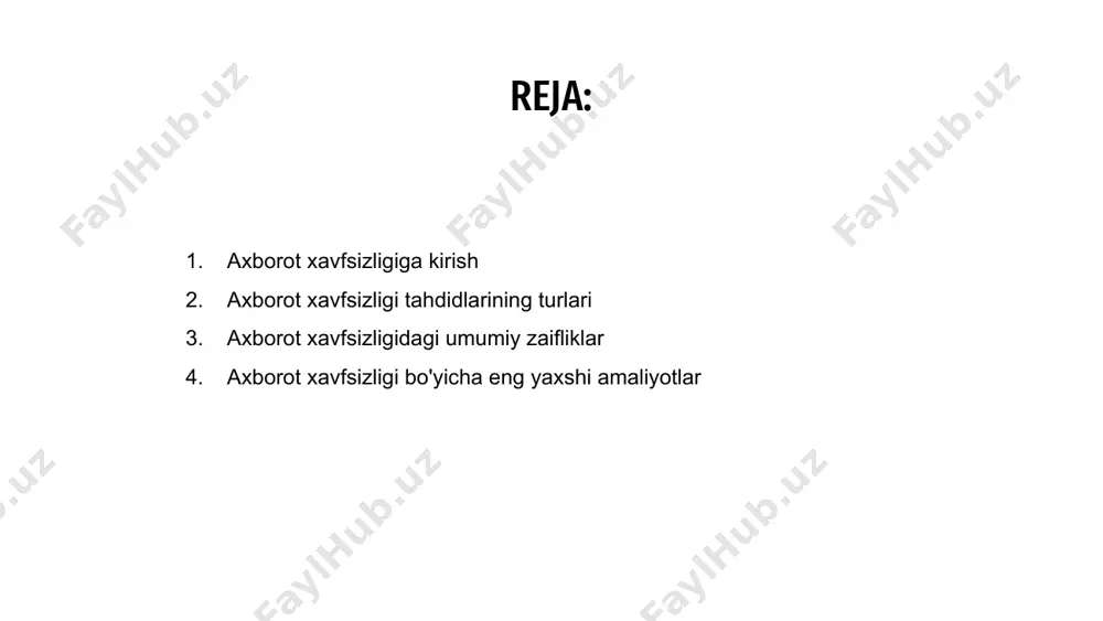 dam beradi. axborot xavfsizligidagi umumiy zaifliklar axborot xavfsizligi ma'lumotlarni fishing, zararli dasturlar va ijtimoiy muhandislik kabi keng tarqalgan zaifliklardan himoya qilishda juda muhimdir. fishing maxfiy ma'lumotlarni olish uchun firibgarlik urinishlarini o'z ichiga oladi, zararli dastur tizimlarga zarar etkazishi va ma'lumotlarning buzilishiga olib kelishi mumkin. ijtimoiy muhandislik maxfiy ma'lumotlarni oshkor qilish uchun shaxslarni manipulyatsiya qiladi. 01 yana bir keng tarqalgan zaiflik - bu nozik ma'lumotlarga ruxsatsiz kirishga olib keladigan zaif autentifikatsiya va kirish nazorati. ushbu zaifliklardan himoya qilish uchun kuchli parollar, ko'p faktorli autentifikatsiya va kirish cheklovlarini qo'llash juda muhimdir. xavfsizlik choralarining etarli emasligi va muntazam yangilanishlarning yo'qligi ham axborot xavfsizligi xavfini keltirib chiqaradi. 03 bundan tashqari, inson xatosi, insayder tahdidlari va xodimlarning xabardorligining etishmasligi axborot xavfsizligidagi doimiy muammolardir. xodimlarni kiberxavflar haqida o'rgatish, xavfsizlik protokollarini joriy etish va muntazam treninglar o'tkazish ushbu zaifliklarni yumshata oladi. axborot xavfsizligidagi umumiy zaifliklarni bartaraf etishda hushyor va faol bo'lish juda muhimdir. 02 axborot xavfsizligi bo'yicha …