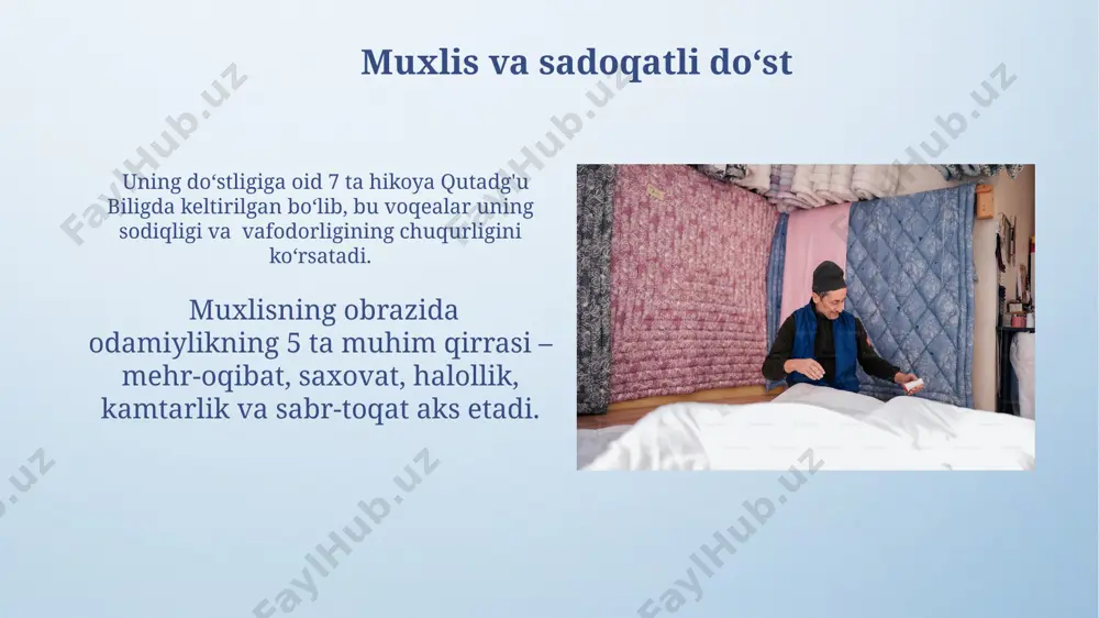 ida ko'rsatadi. qutadg'u biligda, jangchi obrazini yaratuvchilar, uning 3 ta asosiy fazilatini - jasorat, sadoqat va adolatni ta'kidlab o'tishadi. oqil va dono aygʻir uning hikoyada 4 ta muhim qaror qabul qilishi xalq hukmdorlariga oʻz xalqini boshqarishda donolar maslahatlariga quloq solish zarurligini koʻrsatadi. oqil va dono aygʻir, hikoyada 7 ta fazilatga ega ekanligi taʼkidlanadi, ularning har biri xalq donoligi va adabiyotining muhim tarkibiy qismlarini aks ettiradi. aqlli va zukko shoir aqlli va zukko shoir, asarda 7 ta hikmatli so‘z bilan ifodalangan 3 ta fazilatga ega bo‘lib, ularning har biri insoniyatning 3 ta asosiy qadriyatini – adolat, donolik va saxovatni aks ettiradi. qutadg'u biligda shoirning 5 ta she'riy namunasi keltirilgan bo'lib, ularning badiiy jihatlari va falsafiy mazmuni uning yuqori adabiy mahoratini ko'rsatadi. zulmkor va oʻjar hukmdor zulmkor hukmdorning 7 ta oʻgʻli boʻlib, ular orasida oʻzaro raqobat va taxt uchun kurash kuzatilgan, bu esa davlatning zaiflashuviga olib kelgan. hukmdorning oʻjarligi va maslahatlarni tinglamasligi, …