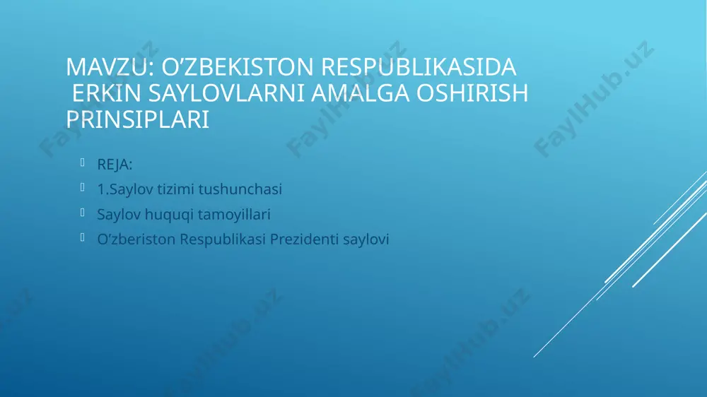 bunday vakolat muddatining aniq belgilanganligi va davriyligi odatda jahon amaliyotiga to‘g‘ri keladi hamda saylovoldi dasturlarining asosiy yo‘nalishlarini amalga oshirish, faoliyatning amaliy natijalarini ko‘rish imkonini beradi va davlat hokimiyati organlarining yangilanishi davriyligini ta’minlaydi. ushbu demokratik tamoyilga amal qilgan holda, o‘zbekiston respublikasi markaziy saylov komissiyasi tomonidan 2021 yil 23 iyulda «o‘zbekiston respublikasi prezidenti saylovini o‘tkazish kunini belgilash va saylov kampaniyasi boshlanishini e’lon qilish to‘g‘risida» qaror qabul qilindi. qarorga asosan o‘zbekiston respublikasi prezidenti saylovi 2021 yil 24 oktyabr kuni o‘tkazilishi belgilandi va saylov kampaniyasi joriy yil 23 iyuldan boshlanganligi e’lon qilindi. shu tariqa, mamlakatimizda erkin va adolatli, ochiq va oshkora saylov boshlandi. saylov komissiyasi (oʻzrda) -mamlakat prezidenti va vakillik organlariga oʻtkaziladigan saylovlarni tashkil etuvchi maxsus kollegial organ. saylov komissiyalari tizimi, ularni tashkil etish tartibi va vakolatlari, odatda, saylovlar toʻgʻrisidagi qonunlar bilan belgilanadi. saylov huquqi tamoyillari saylov huquqi — 1) davlat boshligʻi, vakillik organlari va boshqa ni saylash tartibini belgilab beruvchi huquqiy normalar yigʻindisi. …