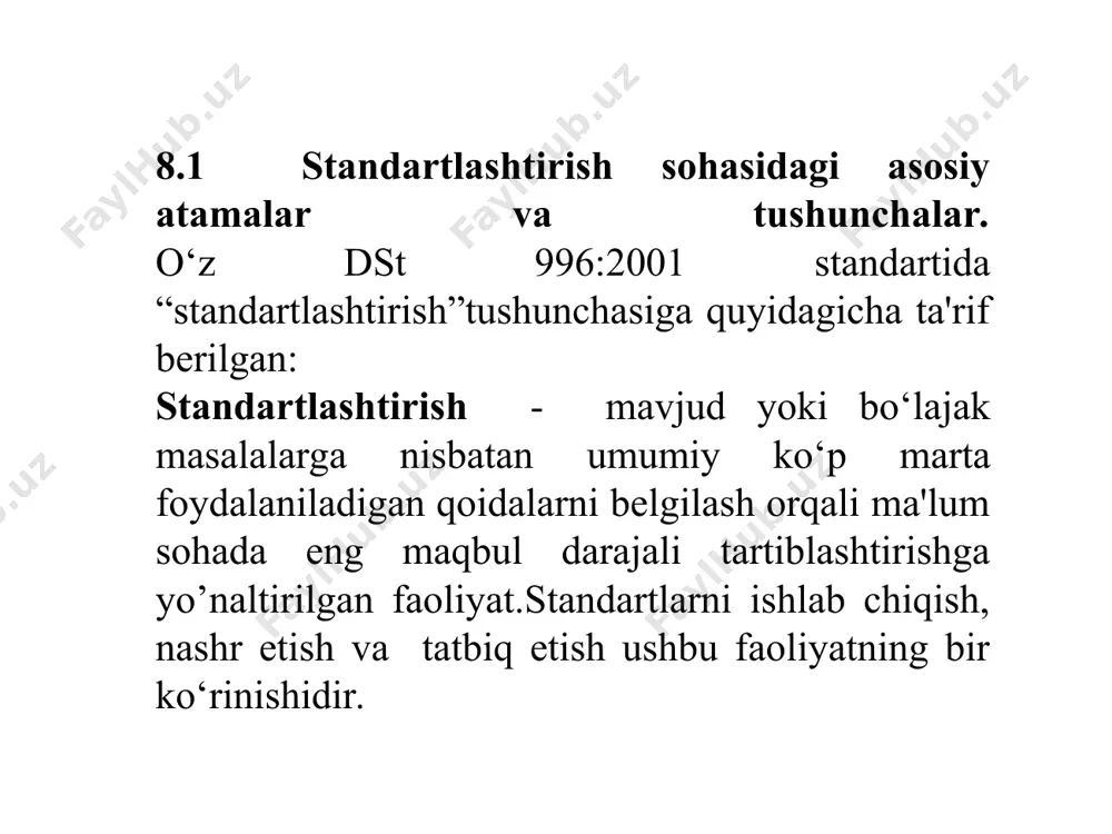 sh mobaynida vujudga kelgan deb hisoblaydilar (taxminan 5000 yil avval). taxminan 50 asrdan ortiq vaqt davomida saqlanib, bizgacha yetib kelgan bu inshootlar juda yuqori sifat va aniqlik bilan qurilgan. toshlarga shunday aniqlik bilan ishlov berilganki, natijada bir - birlari bilan yondoshganlarining orasidan ingichka ignani ham o‘tkazib bo‘lmaydi. shuningdek qadimgi misrda qurilish ishlarida doimiy “standart” o‘lchamdagi g‘ishtlardan foydalanilgan, bunda nazorat ishlari bilan maxsus amaldorlar shug‘ullanishgan. standartlashtirishning qo‘llanilishini bundan 4200 yil ilgarigi misr harbiy texnikasidagi qudratli harbiy qurol sanalgan manjaniq (katapulta) larni loyihalashda va ishlab chiqarishda kuzatish mumkin, bunda nisbiy o‘lchamlar usuli qo‘llanilgan bo‘lib, manjaniq barcha detallarining o‘lchamlari bitta bosh parametrga, ya'ni shu manjaniq otadigan o‘qning uzunligiga mos qilib olingan. tarixiy manbalarda keltirilishicha qadimgi vavilonda qurilgan balandligi 90 metrli vavilon minorasini qurishda (eramizdan taxminan ming yil ilgari) ma'lum bir o‘lchamli 85 mln. dan ortiq pishiq g‘ishtlar ishlatilganligi va ularni terishda bog‘lovchi material (asfalt) qo‘llanilganligi keltirib o‘tilgan.qadimgi rimliklar shaharlarning suv ta'minoti tizimida standartlashtirishni …