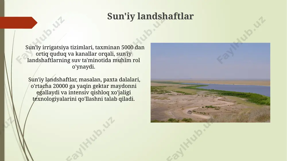 ashkil topgan. oʻzbekistonning koʻllari va botqoqliklari aydar-arnasoy koʻl sistemasining umumiy maydoni 4000 kvadrat kilometrdan ortiqni tashkil etadi va bu hududda noyob suv-botqoqlik oʻsimliklari va hayvonot dunyosi yashaydi. qoraqalpogʻiston respublikasida joylashgan sudochiya botqogʻi 150 ming gektardan ortiq maydonni egallaydi va muhim ekologik ahamiyatga ega. e'tiboringiz uchun rahmat @taqdimot_robot image1.jpg image2.jpg image3.jpg image4.jpg image5.jpg image6.jpg image7.jpg image8.jpg image9.jpg image10.jpg image11.jpg image12.jpg
