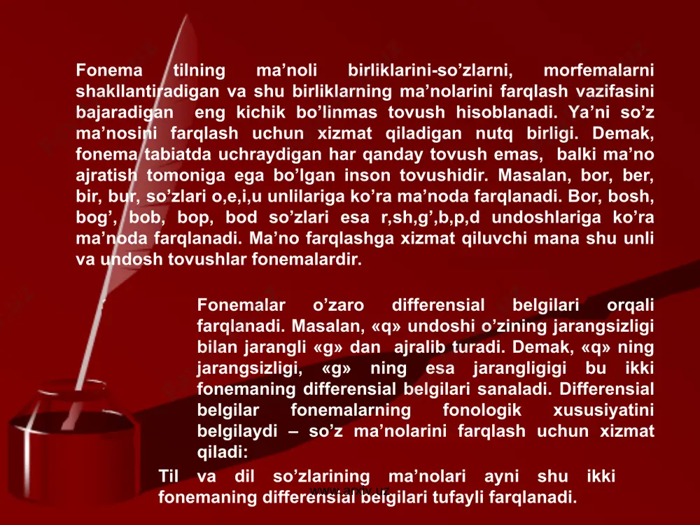 lish darajasi (yuqori, o'rta, quyi) va lablanish- lablanmaslik — kuchli pozitsiyadagi unli fonemalarning asosiy, sistema hosil qiluvchi belgisi. unlilaming til gorizontal holatiga ko‘ra (old qator, o‘rta qator va orqa qator) belgilari asosiy hisoblanmaydi. chunki bu belgilar ularga nutqiy yondosh tovush ta’sirida o'zgarib turadi. masalan, [q] undoshi bilan qo‘shnichilik munosabatida [a] unlisi til orqalik xossasiga ega bo'lsa, [k] undoshi qurshovida o‘z holatini saqlaydi. unli fonemalar paradigmasi www.arxiv.uz www.arxiv.uz unli fonemalarning asosiy belgilariga ko‘ra tasnifi quyidagicha (1-jadval): www.arxiv.uz www.arxiv.uz jadvaldan ko'rinadiki, tilning ko‘tarilish darajasiga ko'ra unli fonemalar uch pog‘onali, lablanish belgisiga ko‘ra ikki pog'onali sistemani hosil qiladi. unli fonema yaxlit tizimni tashkil etib, bu tizim ham o‘z navbatida tizimchalarga bo’linadi. [i] va [u] fonemalari «yuqori tor» belgisi ostida birlashib, bunday belgiga ega bo‘lmagan fonemalardan ajraladi. biroq [i] va [u] kichik paradigmasi a’zolari farqlovchi belgilari ([i]-lablanmaganlik va [u]-lablanganlik belgilari) asosida o‘z mustaqilliklarini saqlab qoladi va ziddiyatda turadi. [e]- [o’] tizimchasi «o‘rta keng» belgisiga …