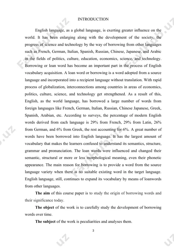 another language, while the source language may or may not be related to the target language. not always the whole word is borrowed. sometimes the process of borrowing can be very selective, adopting a foreign form but assigning it a new meaning or adopting a foreign meaning and assigning it to a native form. such different types of borrowings follow. direct borrowings are words taken over from another language with their form and meaning. they can be more or less modified in phonemic shape, spelling or grammar according to the rules of the receiving language, e.g.: vodka from russian, yoghurt from turkish or aloha from hawaiian. from all types of loan words the direct loans are the most numerous. this type of borrowing occurs when an expression in one language is directly translated by native words of another language. the following examples from illustrate such literal translations: firewater and iron …