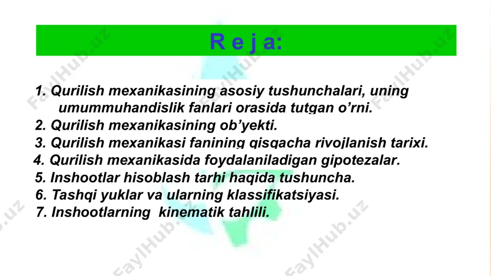 mexanikasining ob’yekti qurilish mexanikasining ob’yekti parij efil minorasi 1887-1889 y., og’irligi 10110тн. qurilish mexanikasining ob’yekti «burdj-xalifa» — dubay, 2007 y. balandligi 828 м. umumiy narxi — 1,5 mlrd $. loyixa muallifi — amerikalik edrian smit. og’irligi 500 000 tonna qurilish mexanikasining ob’yekti tokio. eng baland tele minora (634 м). 2012 y. toshkent tele minorasi. 1985 y. balandligi (375м). qurilish mexanikasining ob’yekti toshkent metrosi qurilish mexanikasining ob’yekti gidrotexnika inshootlari qurilish mexanikasining ob’yekti qurilish mexanikasi fanining qisqacha rivojlanish tarixi sharq mamlakatlarida mexanika fani ix asrdan boshlab rivojlana boshladi. qadimgi yunon olimlarining asarlarini ijodiy o‘rganib, mashhur vatandoshimiz abu ali ibn sino o‘zining «donishnoma» asarida yuklarni ko‘taradigan uskunalar haqida fikrlarni aytadi. al xorazmiy «fanlar kaliti» asarida mexanika fani to‘g‘risida g‘oyalarni ilgari suradi. sharqning mashhur olimlaridan abu rayhon beruniy, abu abdulloh al xorazmiy, umar xayyom, forobiy va boshqalar mexanika fanining rivojlanishida munosib hissa qo‘shganlar. qurilish mexanikasi fanining qisqacha rivojlanish tarixi qurilish mexanikasi fanining qisqacha rivojlanish …