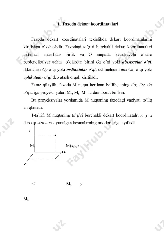 ilan belgilanadi. fazoda yunalgan kesma va ox o’qini qaraymiz. m1 va m2 nuqtalardan ox o’qiga perdendikulyar tekisliklar o’tkazamiz va bu tekisliklar bo’ylab m1 va m2 nuqtalarni ox o’qiga proyeksiyalaymiz. m1ning proyeksiyasini m1x bilan, m2nikini esa m2x deb belgilaymiz. yo’nalgan kesmaning ox o’qiga proyeksiyasi prox deb yo’nalgan kesma miqdoriga (uzunligiga) aytiladi. agar m1x va m2x nuqtalarning ox o’qidagi koordinatalarini x1 va x2 bilan belgilasak, prox =x2-x1 tenglik o’rinli bo’ladi. m1 m2 o m1x m2x x m*2 2-chizma. endi ni parallel kuchirib vaziyatga keltiramiz va ox o’qi bilan orasidagi burchakni bilan belgilaymiz . ning ox o’qidagi proyeksiyasini hisoblash uchun quyidagi formulani ham hosil qilish mumkin. prox = eslatma. fazoda berilgan yo’nalgan kesmaning oy va oz o’qlaridagi proyeksiyalarini ham xuddi yuqoridagidek hisoblash mumkin. qulaylik uchun a vektorining koordinata o`qlaridagi proyektsiyalarini ax, ay, a2 lar bilan, vektorining ox, oy, oђ o’qlar bilan hosil qilgan burchaklarni lar bilan belgilasak. larga ega bo’lamiz. ekanligini nazarga olib …