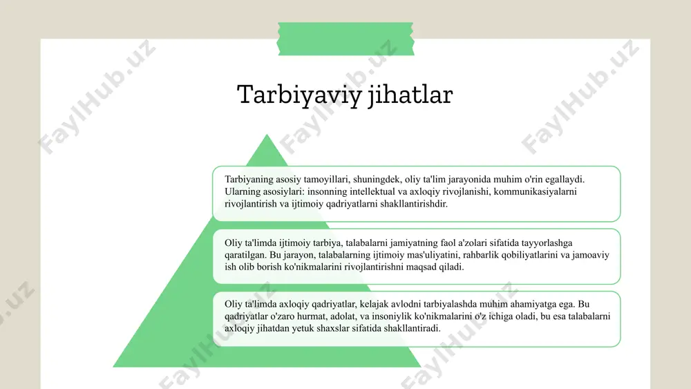 ratilgan. bu yondashuvlar talabalarning o‘z-o‘zini boshqarish, mustaqil o‘rganish va ijodiy fikrlash ko‘nikmalarini rivojlantirishga yordam beradi. har bir talabani individual xususiyatlarini hisobga olish pedagogik jarayonning muhim qismi hisoblanadi. talabalar o‘rtasidagi farqlarni tushunish ularning ehtiyojlariga mos yondashuvlarni ishlab chiqishga imkon beradi. pedagogik tadqiqotlar ta'lim jarayonidagi muammolarni aniqlash va ularni hal etish uchun zarurdir. tadqiqotlar yordamida samaradorlikni oshirish va yangi metodlarni sinab ko‘rish mumkin. pedagogik yondashuvlar oliy maktab pedagogikasining kelajagi zamonaviy ta'lim tizimlarida muhim o'rin egallaydi. bugungi kunda, pedagogik faoliyatda yangi tendentsiyalar mavjud: - masofaviy ta'lim va interaktiv metodlar. - shaxsga yo'naltirilgan yondashuvlar. - texnologiyalar pedagogik jarayonlarda muhim rol o'ynaydi. - o'qituvchilar bilimlarini yangilashlari zarur. bu strategiyalar talabalar uchun yangi bilimlarni o'zlashtirish imkoniyatini beradi. zamonaviy pedagogika usullari ta'rifi zamonaviy pedagogika usullari ta'lim jarayonini samarali qilish uchun ishlab chiqilgan innovatsion yondashuvlardir. ular o'quvchilarni faol ishtirok etishga va o'z-o'zini rivojlantirishga undaydi. bu usullar o'qituvchilarga ta'lim jarayonini boyitish va o'quvchilarning ehtiyojlarini qondirish imkonini beradi. interaktiv ta'lim, …