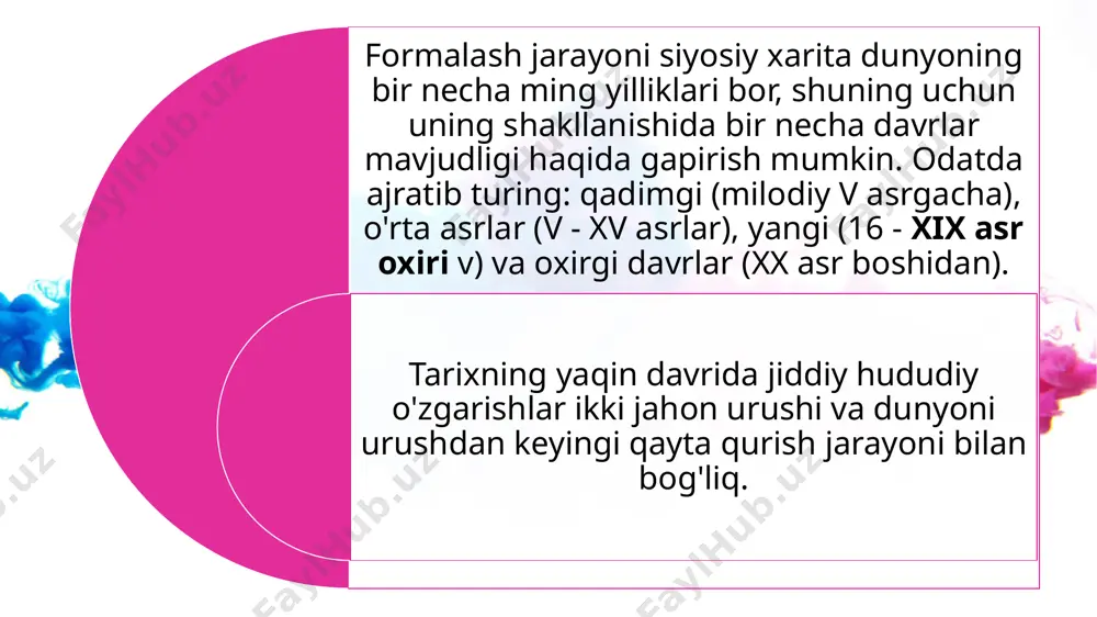 asosan orollar va. mamlakatda bahsli hududlar ham bor turli hududlar dunyo (gibraltar, folklend orollari va boshqalar).siyosiy xaritadagi barcha o'zgarishlarni hududiy yutuqlar, yo'qotishlar, ixtiyoriy imtiyozlar bilan bog'liq miqdoriy bo'linishlarga bo'lish mumkin. va sifat - bir formatsiyaning boshqasiga o'zgarishi, suverenitetni zabt etish, yangi davlat tuzilishini joriy etish. dunyo mamlakatlarining tipologiyasi eng murakkab metodologik muammolardan biridir. buni iqtisodchilar, siyosatshunoslar, sotsiologlar va boshqa fanlarning vakillari hal qilmoqdalar.v.v. volskiy mamlakat turini jahon tarixining ushbu bosqichida jahon hamjamiyatidagi roli va o'rnini tavsiflovchi, o'ziga xos sharoitlar va rivojlanish xususiyatlarining ob'ektiv shakllangan nisbatan barqaror kompleksi deb tushungan.qaysidir ma'noda mamlakatlar tipologiyasi tarixiy toifadir. 90 -yillarning boshlariga qadar barcha mamlakatlarni: sotsialistik, kapitalistik va rivojlanayotgan mamlakatlarga bo'lish odat edi. jahon tipologiyasi- bu muammo iqtisodchilar va siyosatshunoslar, shuningdek boshqa fanlar vakillari bilan uzoq vaqtdan beri shug'ullanib kelmoqda. tipologiyaning tarixiy toifalarga mansubligi umumiy qabul qilingan. 90 -yillarning boshlariga qadar mavjud davlatlar uchta topografik mezonlarga ko'ra bo'linishgan:sotsialistik va kapitalistik rivojlanmoqda. hozirgi vaqtda bozor iqtisodiyoti …