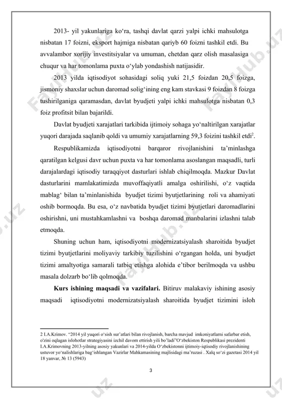 rajada saqlanib qoldi va umumiy xarajatlarning 59,3 foizini tashkil etdi[footnoteref:2]. [2: i.a.krimov. “2014 yil yuqori o‘sish sur’atlari bilan rivojlanish, barcha mavjud imkoniyatlarni safarbar etish, o'zini oqlagan islohotlar strategiyasini izchil davom ettirish yili bo’ladi”o‘zbekiston respublikasi prezidenti i.a.krimovning 2013-yilning asosiy yakunlari va 2014-yilda o‘zbekistonni ijtimoiy-iqtisodiy rivojlanishining ustuvor yo‘nalishlariga bag‘ishlangan vazirlar mahkamasining majlisidagi ma’ruzasi . xalq so‘zi gazetasi 2014 yil 18 yanvar, № 13 (5943) ] respublikamizda iqtisodiyotni barqaror rivojlanishini ta’minlashga qaratilgan kelgusi davr uchun puxta va har tomonlama asoslangan maqsadli, turli darajalardagi iqtisodiy taraqqiyot dasturlari ishlab chiqilmoqda. mazkur davlat dasturlarini mamlakatimizda muvoffaqiyatli amalga oshirilishi, o‘z vaqtida mablag‘ bilan ta’minlanishida byudjet tizimi byutjetlarining roli va ahamiyati oshib bormoqda. bu esa, o‘z navbatida byudjet tizimi byutjetlari daromadlarini oshirishni, uni mustahkamlashni va boshqa daromad manbalarini izlashni talab etmoqda. shuning uchun ham, iqtisodiyotni modernizatsiyalash sharoitida byudjet tizimi byutjetlarini moliyaviy tarkibiy tuzilishini o‘rgangan holda, uni byudjet tizimi amaltyotiga samarali tatbiq etishga alohida e’tibor berilmoqda va ushbu masala …