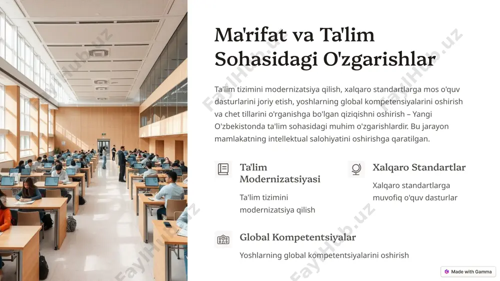 beradi. xalqaro integratsiya xalqaro hamjamiyat bilan integratsiya 1 diplomatik aloqalar diplomatik aloqalarni kengaytirish 2 investitsiyalarni jalb etish xorijiy investitsiyalarni jalb qilish 3 8 yoshlar siyosati va kadrlar tayyorlash yoshlarni qo'llab-quvvatlash dasturlari, kadrlar tayyorlash sifatini oshirish, xalqaro ta'lim dasturlarida ishtirok etish va yoshlarning ijtimoiy mobilligi – o'zbekiston kelajagi uchun muhim investitsiyalardir. bu mamlakatda yuqori malakali mutaxassislarni tayyorlashga qaratilgan. 1 yoshlarni qo'llab-quvvatlash yoshlarni qo'llab-quvvatlash dasturlari 2 kadrlar tayyorlash kadrlar tayyorlash sifatini oshirish 3 ta'lim dasturlari xalqaro ta'lim dasturlarida ishtirok 9 yangi o'zbekistoning kelajagi yangi o'zbekistonning kelajagi – bu asosiy transformatsiya yo'nalishlari, istiqbolli maqsadlar va strategik yo'nalishlar bilan belgilanadi. milliy rivoj konsepsiyasi jahonda o'zbeklikning munosib o'rnini ta'minlashga qaratilgan. mamlakat kelajagi yorqin va farovon bo'lishiga ishonchimiz komil. 1 asosiy transformatsiya 2 istiqbolli maqsadlar 3 milliy rivoj 10 image1.png image2.png image3.png image4.png image5.png image6.png image7.png image8.png image9.png image10.png image11.png image12.png image13.png image14.png image15.png image16.png image17.png image18.png image19.png image20.png image21.png image22.png