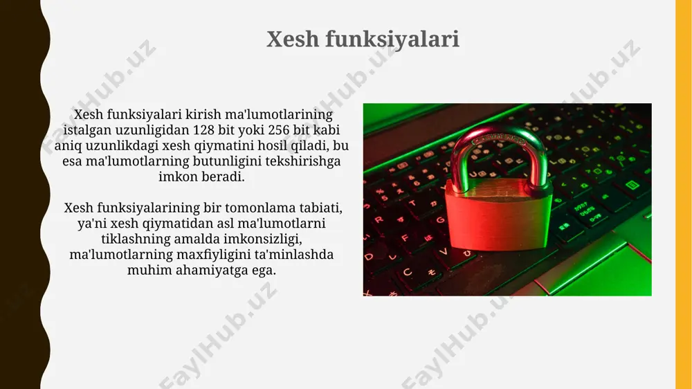 ption standard) algoritmi o'z vaqtida keng qo'llanilgan bo'lsa-da, 56 bitli kalit uzunligi tufayli hozirgi zamon talablariga javob bermaydi va xavfsiz deb hisoblanmaydi. aes (advanced encryption standard) kabi simmetrik algoritmlar 128, 192 yoki 256 bitli kalit uzunliklaridan foydalanib, yuqori darajadagi ma'lumotlarni himoya qilishni ta'minlaydi. tarmoq xavfsizligi tahdidlari tarmoqdagi zaif joylarning 60% dan ortig'i eskirgan dasturiy ta'minot va noto'g'ri sozlangan xavfsizlik devorlari kabi oddiy xatolardan kelib chiqadi, bu esa malware va kiberhujumlar uchun yo'l ochadi. tarmoqdagi ma'lumotlarning 70% gacha o'g'irlanishi yoki buzilishiga olib keladigan eng keng tarqalgan tahdidlardan biri bu ddos hujumlari bo'lib, ular tarmoqning ishlashini to'xtatadi va xizmatlarga kirishni imkonsiz qiladi. e'tiboringiz uchun rahmat @taqdimot_robot image1.jpg image2.jpg image3.jpg image4.jpg image5.jpg image6.jpg image7.jpg image8.jpg image9.jpg image10.jpg image11.jpg image12.jpg