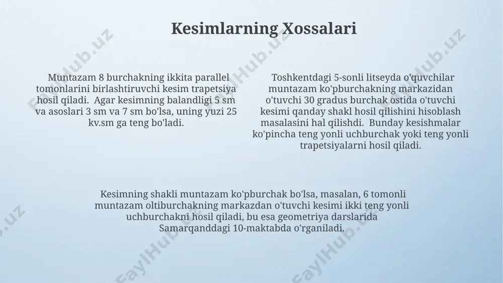 ish mumkin, natijada uchta teng yonli uchburchak hosil bo'ladi, ularning tomonlari uzunligi 5 sm bo'ladi, agar olti burchakning tomoni 10 sm bo'lsa. to'g'ri uchburchak kesimini hosil qilish uchun kvadrat prizma tekisligi bilan 45° burchak ostida kesilishi kerak; bu kesmaning gipotenuzasi prizmaning diagonal tekisligiga parallel bo'ladi. kesimlarni chizish usullari kesimlarni chizishda, masalan, 12 qirrali muntazam ko'pburchak uchun, toshkentdagi 3 o'lchovli modellashtirish dasturlari yordamida turli tekisliklarda 2 yoki 3 kesimi aniq tasvirlanishi mumkin. geometrik konstruktsiyalar yordamida, masalan, 9 qirrali ko'pburchakning markaziy nuqtasidan o'tuvchi 4 ta o'zaro perpendikulyar tekisliklar yordamida, xorazm viloyatida o'tkazilgan tajribalarda 4 xil turdagi kesimlar hosil qilingan. 7 burchakli muntazam ko'pburchakning samarkanddagi tarixiy binolarining arxitektura chizmalarida qo'llanilgan kesma usullarini tahlil qilish orqali, turli burchak ostida 5 ta kesim olish mumkinligi aniqlandi. muntazam ko'pburchaklarga kirish muntazam ko'pburchaklar, masalan, 5 tomonli muntazam beshburchak yoki 8 tomonli muntazam sakkizburchak, geometriyada muhim o'rin tutadi va ularning burchaklari va tomonlari samarkanddagi madrasalar me'morchiligining bezaklarida ko'p …
