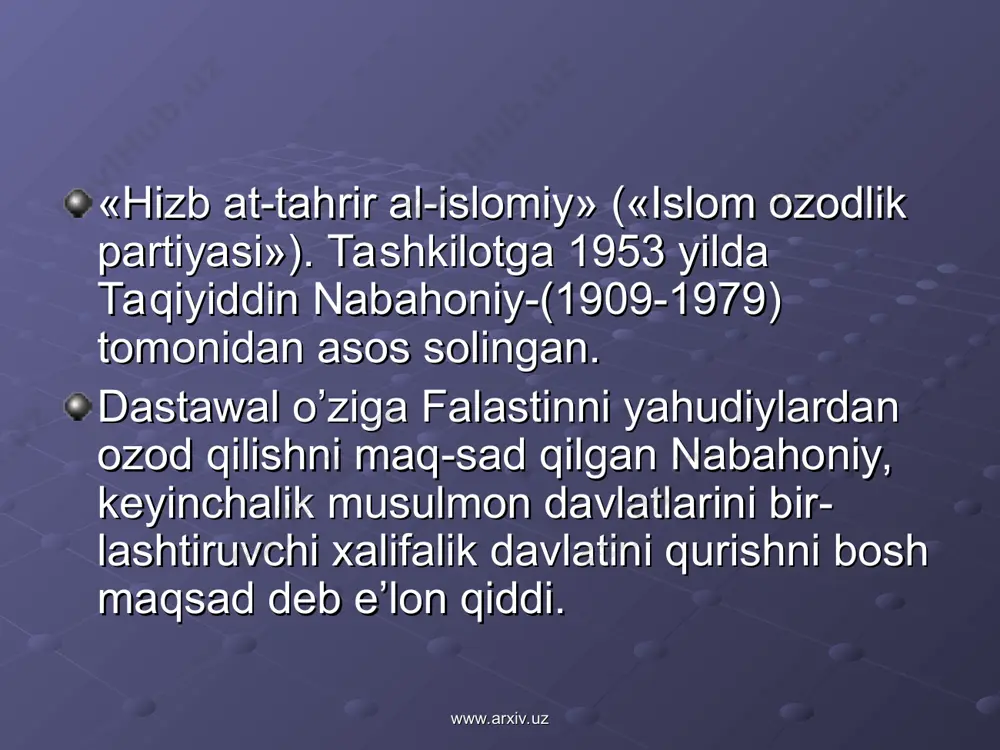 o’luvchi teirorchi-kami- kadzelaming «shahidlao> qatoriga kiritilgani ham buni tas-dikdaydi. «hizbut-tahrir» faollarining musulmon dunyosiga mansub bir qator davlatlarda konstitutsiyaviy tuzumga qarshi qaratilgan ter-rorchilik amaliyotlarida ishtirok etgani ham ulaming asl qiyofa-sini ochiq-oydin namoyish etadi. www.arxiv.uz www.arxiv.uz jumladan, 1968, 1974 va 1977 yillarda «hizbut-tahrir» a’zo-laxi iordaniyada, 1974 yilda esa misrda harbiy isyon ko’tarish ga uringan. 2000 yil yanvarda esa suriya huquqni muhofaza qilish idoralari tomonidan hukumatga qarshi g’alayonlar ko’tarishga tay-yorgarlik ko’rayotgan tashkilot faollarining 800 nafari qamoqqa olingan. shu bilan birga, fitnalamingdoimiy muvaffaqiyatsizlikka uchrashi, «hizbut-tahrir» rahbariyati orasida uslibu harakatlar tashkilotning «ajralib» chiqqan qismi tomonidan amalga oshi-rildi, degan da’vo bilan aybni bo’yirdaridan soqit qilishga intilishdek amaliyotni keltirib chiqarganini ta’kidlash zarur. voqelik boshqa diniy-ekstremistik tashkilotlar singari, «hizbut-tahrir» a’zolarining faoliyati ham' o’ta radikal tus ola-yotganini ko’rsatmokda. 2003 yil apreldatashkilotning buyuk bri-taniyadagi bo’linmasi a’zolaridan birining isroilningtel -aviv shahrida joylashgan «mayks pleys» kafesida o’zini pordatib yuborism natijasida 23 kishi nobudbo’lgani ham buni tasdikdaydi. www.arxiv.uz www.arxiv.uz 2002 yilda filippinda qamoqqa …