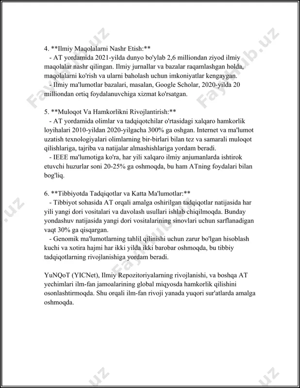 ktok foydalanuvchi bazasi esa 1 milliarddan oshgan va bu raqam har yili o'sishda davom etmoqda. ushbu platformalarda nafaqat ma'lumot almashinuvi, balki yangi trendlar va yangiliklar ham tezda keng ommaga yetkaziladi. raqamli kommunikatsiya vositalarining yanada rivojlanishiga, ayniqsa, ulanma tezligi va internetga kirish imkoniyatlari keng ko'lamda hissa qo'shmoqda. 2023 yilgi ma'lumotlarga ko'ra, dunyoda 5g texnologiyasi qamrovi tobora kengaymoqda. bu yangi texnologiyalar axborot uzatishni yanada tezroq va sifatliroq amalga oshirishni ta'minlaydi. barcha ushbu raqamli kommunikatsiya turli format va platformalar orqali amalga oshirilayotganligi sababli, raqamli savodxonlik ham dolzarb masala bo'lib qolmoqda. statistika ko'rsatadi-ki, raqamli savodxonlikka ega insonlar turli vaziyatlarda axborot xavfsizligini ta'minlash, keraksiz hamda zararli ma'lumotlardan himoyalanishda muvaffaqiyat qozonadilar. yuqoridagi raqamlar va statistikalar raqamli kommunikatsiya vositalarining yuqori darajadagi ahamiyatini yaqqol tasdiqlaydi. bugungi kunda insonlar uchun ham shaxsiy, ham professional sohalarda raqamli kommunikatsiya vositalarini samarali foydalanish hayot sifatini oshirishga xizmat qiladi. 3. internet va global axborot makoni internet va global axborot makoni hozirgi kunda jahon …
