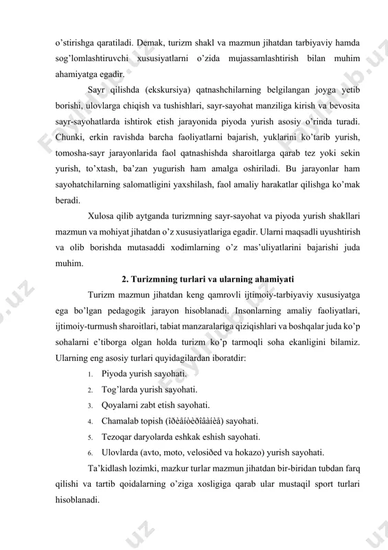 da to’xtalib o’tamiz. tog’ turizmi (tog’larda yurish sayohati) piyoda yurish sayohatining davomidir. ya’ni barcha harakatlar bunda takrorlanadi. faqat kategoriyalar (qiyinchilik darajalari: 1, 2, 3, 4, 5, 6) jihatdan boshqa turizmlardan farq qiladi. aniqroq aytganda balandligi 1,5–5 km (dengiz sathiga nisbatan) tog’larga chiqish, dovonlardan oshish, tezoqar suvlardan kechib o’tish kabi murakkab harakatlar bajariladi. qoyalarni zabt etish turizmi (ñêàëîëàçàíèå) piyoda yurish va tog’ turizmi bilan bevosita bog’liqdir. faqat tik qoyalar, qoyalarga tirmashib chiqish (arqonlar, himoya vositalari va hokazo) bilan tubdan farq qiladi. chamalab topish (îðèåíòèðîâàíèå) turizmi ham piyoda yurish, tog’ turizmi bilan bevosita bog’liqdir. ya’ni ma’lum masofalarni piyoda o’tish, to’siqlar, dovonlardan oshish hollari bunda ham qo’llaniladi. boshqa turizm turlaridan farqli o’laroq, bunda xarita, chizma, kompos, quyosh, oy, yulduz va hokazo vositalaridan foydalangan holda manzilga yetib borishdir. ya’ni noma’lum va notanish joylarni topish asosiy faoliyat hisoblanadi. turizmning bu turidan piyoda yurish, tog’ turizmi va boshqa turizmlar bo’yicha o’tkazilgan maxsus musobaqalarda (slyotlar) keng foydalaniladi. …