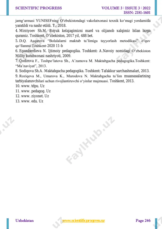 ing shakllanishi; 2. ijtimoiy - hissiy rivojlanish. 3. nutq, muloqot, o‘qish va yozish malakalari. 4. bilish jarayonining rivojlanishi. 5. ijodiy rivojlanish. mazkur 5 ta yo‘nalish 7 yoshgacha bo‘lgan bolalarning o‘z-o‘ziga xizmat ko‘nikmalarining shakllanishi, nutq, o‘qish va savodga tayyorlash darajasini, atrof-olam haqidagi tushunchalarni va qo‘yilgan talablarni egallashi uchun asosiy omil hisoblanadi. u maktabgacha ta’lim tizimining mohiyatini belgilaydi va maktabgacha ta’lim tashkilotlarini mulkchilik shaklidan qat’iy nazar, barcha bolalarning tengligi va bolalik qadriyatini saqlagan holda har bir bolaning individual (alohida) rivojlanishini ta’minlashga yo‘naltiradi. xulosa va munozara xulosa o’rnida shuni aytish mumkinki, maktabgacha talim tizimida ushbu dasturni qo’llash umumiy miqyosdagi amaliy tajriba hisoblanadi va ushbu tizimni qo’llashda mamlakatimizdagi boshqa talim tizimlari va ijtimoiy institutlarning integratsion faoliyati zarurdir. zero bir bolaga yeti mahalla ota-ona degan naql bejizga xalqimiz orasida mashhur emas. shu nuqtai nazardan “ilk qadam” davlat dasturining har bir maktabgacha talim muassasasida amaliyotga tadbiq etilishi bugungi kundagi sohada amalga oshirilayotgan islohotlarni malum tizimga soluvchi …