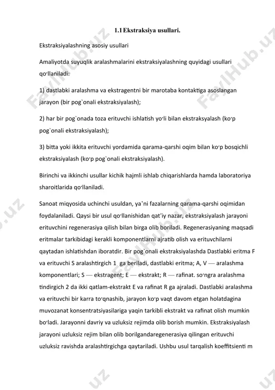axlit oqim bilan pastga harakat qiladi va shtutser 7 orqali tashqariga chiqadi. yengil faza (ef) uzluksiz ravishda shtutser 6 orqali kolonnadagi pastki tarelka 2 ning ostki qismiga beriladi. ushbu faza tarelkadagi teshiklar orqali o׳tganida mayda tomchilarga ajraladi. tomchilar yaxlit faza ichida yuqoriga harakat qiladi va tarelka zonasiga etganida o׳zaro qo׳shilib, suyuqlik qatlamini hosil qiladi. bu qatlam tirgovich qatlam deb yuritiladi. bu qatlamdagi suyuqlik tarelkaning teshiklari orqali o׳tib yana tomchilar hosil qiladi. ekstraktorda yaxlit faza bitta tarelkadan ikkinchisiga quyilish moslamalari yordamida o׳tadi. shunday qilib, bitta kolonnada ko׳p marotaba suyuqlikning mayda tomchilarga parchalanishi va ular qo׳shilib, suyuqlikning tirgovich qatlamini hosil qilishi yuz beradi.eng yuqorigi tarelkadan chiqayotgan tomchilar,engil suyuqlik qatlami-ekstrakt (ef) ni hosil qilib, fazalarni ajratuvchi sath a ga ega bo׳ladi va qurilmadan shtutser 5 orqali tashqariga chiqariladi. og`ir faza (rafinat) qurilmaning pastki qismiga joylashgan shtutser 7 yordamida tashqariga uzatiladi. tarelka teshiklaridan chiqayotgan tomchilarning tezligiga ko׳ra, tomchi hosil qilishning uch xil rejimi bor: …