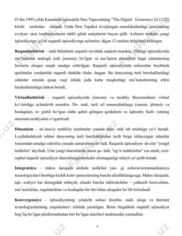 chi-iste’molchi munosabatlarining o‘zgarishi – sanoatlashgan jamiyatida muhim jihatlardan biri ommaviy ishlab chiqarish hisoblanadi. raqamli iqtisodiyot davrida asosiy yo‘nalish mahsulot (mahsulot yoki xizmat) ni tashkil etishdir. ay- ni paytda, iste’molchilar o‘zi sotib olayotgan tovar yoki xizmatlari ishlab chiqaruvchisiga o‘sha mahsuloti haqida o‘z fikrini bil- dirishi, takliflar bildirishi, o‘zgartirish va qo‘shimchalar kiritishni bildirishi mumkin. globallashuv – raqamli iqtisodiyotda, bilim asosiy re- sursga aylanganda, tashkiliy tuzilmalar o‘z hududlarida faoliyat yuritsa ham, faqat bitta jahon iqtisodiyoti mavjud. globallashuv yangi axborot – kommunikatsiya texnologiyalarini rag‘batlantiradi va amalga oshiradi. bu shuni anglatadiki, tashkiliy tuzilmalar ko‘p millatli emas, balki global. raqamli iqtisodiyot tushunchasi "raqamli iqtisodiyot" tushunchasi nisbatan yangi va juda muhim hodisadir. raqamli iqtisodiyotning ko‘plab ta’riflari mavjud. quyida raqamli iqtisodiyotning turli xil nufuzli manbalari tomonidan taklif etilgan bir nechta ta’riflari mavjud. raqamli iqtisodiyot – raqamli axborot-kommunikatsiya texnologiyalaridan foydalanishga asoslangan iqtisodiy, ijtimoiy va madaniy munosabatlar tizimi. raqamli iqtisodiyot – internet orqali, elektron tijorat orqali tovarlar va xizmatlar savdosiga …