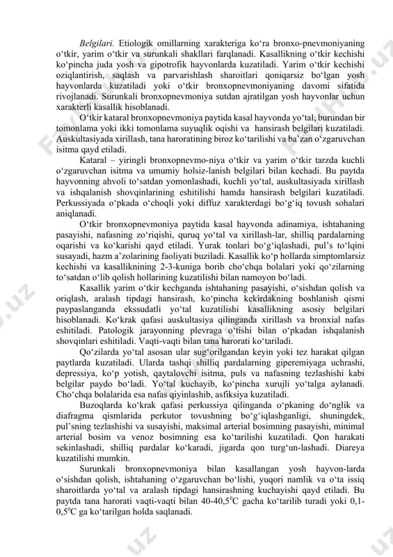 uyuqlik to‘plana boshlaydi. mikroorganizmlarning ko‘payishi va rivojlanishi uchun yaxshi shart-sharoit vujudga keladi. o‘pka havo sig‘imining 70-80 foyizgacha kamayishi (gipoksiya) kuzatiladi. o‘pkada yallig‘lanish jarayoni avvaliga lobulyar, ya’ni o‘pkaning yuqorigi va yurak sohalarida, keyinchalik bir necha yallig‘lanish o‘choqlarining o‘zaro birikishidan esa lobar tus oladi. bronx, bronxiola, infundibula va alveolalar epiteliysi deskvamasiyaga uchraydi. tarkibi ajralib tushgan epiteliy to‘qimasi leykosit va eritrositlardan iborat zardob suyuqlikning nafas yo‘llari va o‘pka bo‘lakchalarida to‘planishi qattiq bronxial nafasning hamda quruq va ekssudativ xirrilashlarning paydo bo‘lishiga sabab bo‘ladi. mikrob toksinlarining asab tizimiga ta’siridan termoregulyasiya buziladi va isitma paydo bo‘ladi. kasallik surunkali tarzda kechganda patologiya o‘chog‘ida biriktiruvchi to‘qimaning o‘sishi, karnifikasiya, indurasiya va petrifikasiya (ohaklanish), o‘pka to‘qimasi hamda bronxlar shilliq pardasining yiringli-nekrotik emirilishlari kuzatiladi. to‘qimalar va qon tarkibida chala oksidlanish mahsulotlarining to‘planishi asidozga sabab bo‘ladi. qon tomirlar tonusi pasayadi. qon harakatining turg‘unlashishi ro‘y beradi. yurak muskullarida distrofik o‘zgarishlar paydo bÿladi. yurakning ko‘zg‘aluvchanlik, o‘tkazuvchanlik va qisqaruvchanlik xususiyatlari buziladi. tuz - suv almashinuvining …