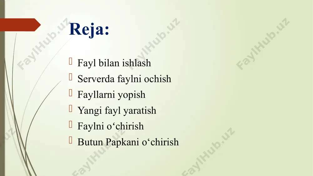 open() funksiyasidan foydalanish mumkin. open() funksiyasi fayl mazmunini o‘qish uchun read() funksiyasiga ega fayl obyektini qaytaradi: agar fayl boshqa joyda joylashgan bo‘lsa, fayl manzilini ko‘rsatishingiz kerak bo‘ladi. faylning faqat qismlarini o‘qish read() funksiyasi butun matnni qaytaradi, lekin siz qaytarmoqchi bo‘lgan belgilarni ham belgilashingiz mumkin: yuqoridagi suratda faqat beshta harfni chop etdik. qatorlarni o‘qish readline() funksiyasi yordamida bitta qatorni o‘qishingiz mumkin: readline() funksiyasi ikki marta chaqirib, ikkita qatorni o‘qishingiz mumkin: fayl qatorlarini sikl orqali butun fayl ma’lumotlarini o‘qishingiz mumkin: 11.3. fayllarni yopish ishni tugatgandan so‘ng, faylni har doim yopish yaxshi amaliyot hisoblanadi. buning uchun close() funksiyasidan foydalanishingiz mumkin: eslatma: siz har doim fayllaringizni yopishingiz kerak, ba’zi hollarda buferlash tufayli faylga kiritilgan o‘zgarishlar faylni yopmaguningizcha ko‘rinmasligi mumkin. mavjud faylga ma’lumot yozish mavjud faylga ma’lumot yozish uchun open() funksiyasiga parametr qo‘shishingiz kerak: "a" - qo‘shish - faylning oxiriga qo‘shiladi "w" - write - har qanday mavjud tarkibni ustidan qayta yozadi "demo.txt" faylini ochish …