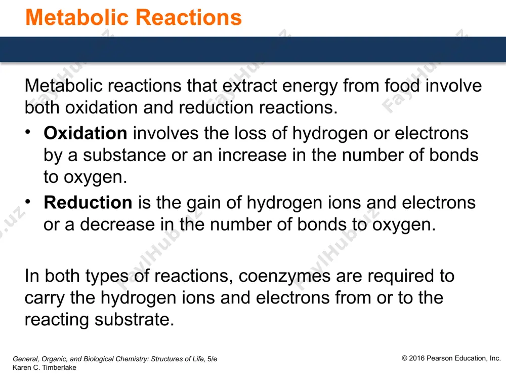ons), leaving one h+. general, organic, and biological chemistry: structures of life, 5/e karen c. timberlake © 2016 pearson education, inc. 5 coenzyme nadp+ nadp+, nicotinamide adenine dinucleotide phosphate, is used in anabolic reactions, such as lipid and nucleic acid synthesis. is similar to nad+ except that a 2′ oh group is replaced by a phosphate group. is reduced to form nadph. general, organic, and biological chemistry: structures of life, 5/e karen c. timberlake © 2016 pearson education, inc. 6 structure, coenzyme fad fad, flavin adenine dinucleotide, contains adp and riboflavin (vitamin b2). undergoes reduction when the two nitrogen atoms in the flavin part of the fad coenzyme react with two hydrogen atoms (2h+ + 2 e−), reducing it to fadh2. general, organic, and biological chemistry: structures of life, 5/e karen c. timberlake © 2016 pearson education, inc. 7 structure of coenzyme fad the coenzyme fad (flavin adenine dinucleotide) made …