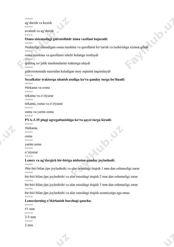 dagicha: ==== #lemexli, diskli, kombinatsiyalashgan, rotatsion, chizelli ==== lemexli, diskli; ==== kombinatsiyalashgan; ==== rotatsion, chizelli ++++ chimqirqarlarning vazifasi nima: ==== #yerni ustki, o‘simlik ildizlari joylashgan 8-12 sm lik qatlamini egat tubiga ag‘darib tashlaydi. ==== yerni yuza qismini qirqish ==== yerni yuza qismini yumshatish ==== chim, o‘tlarni qirqib, maydalaydi ++++ plug chimqirqarining qamrash kengligi qancha: ==== #korpus qamrash kengligi 2/3 qismiga teng ==== korpusning qamrash kengligiga teng ==== korpus qamrash kengligi yarmiga teng ==== korpus qamrash kengligi 1/3 qismiga teng ++++ plugni qaysi ishchi organi yerni ustki, o‘simlik ildizlari joylashgan 8-12 sm lik qatlamini egat tubiga ag‘darib tashlaydi: ==== #chimqirqar ==== korpus ==== disksimon pichoq ==== tuproq chuqurlatgich ++++ plugni qaysi ishchi organi haydov osti qatlamini yumshatadi: ==== #tuproq chuqurlatgich ==== chimqirqar ==== korpus ==== disksimon pichoq ++++ tirkama plugning haydov chuqurligi qaysi mexanizm orqali rostlanadi: ==== #dala g‘ildiragi mexanizmi ==== egat g‘ildiragi mexanizmi ==== orqa g‘ildiragi mexanizmi ==== ko‘tarish mexanizmi …
